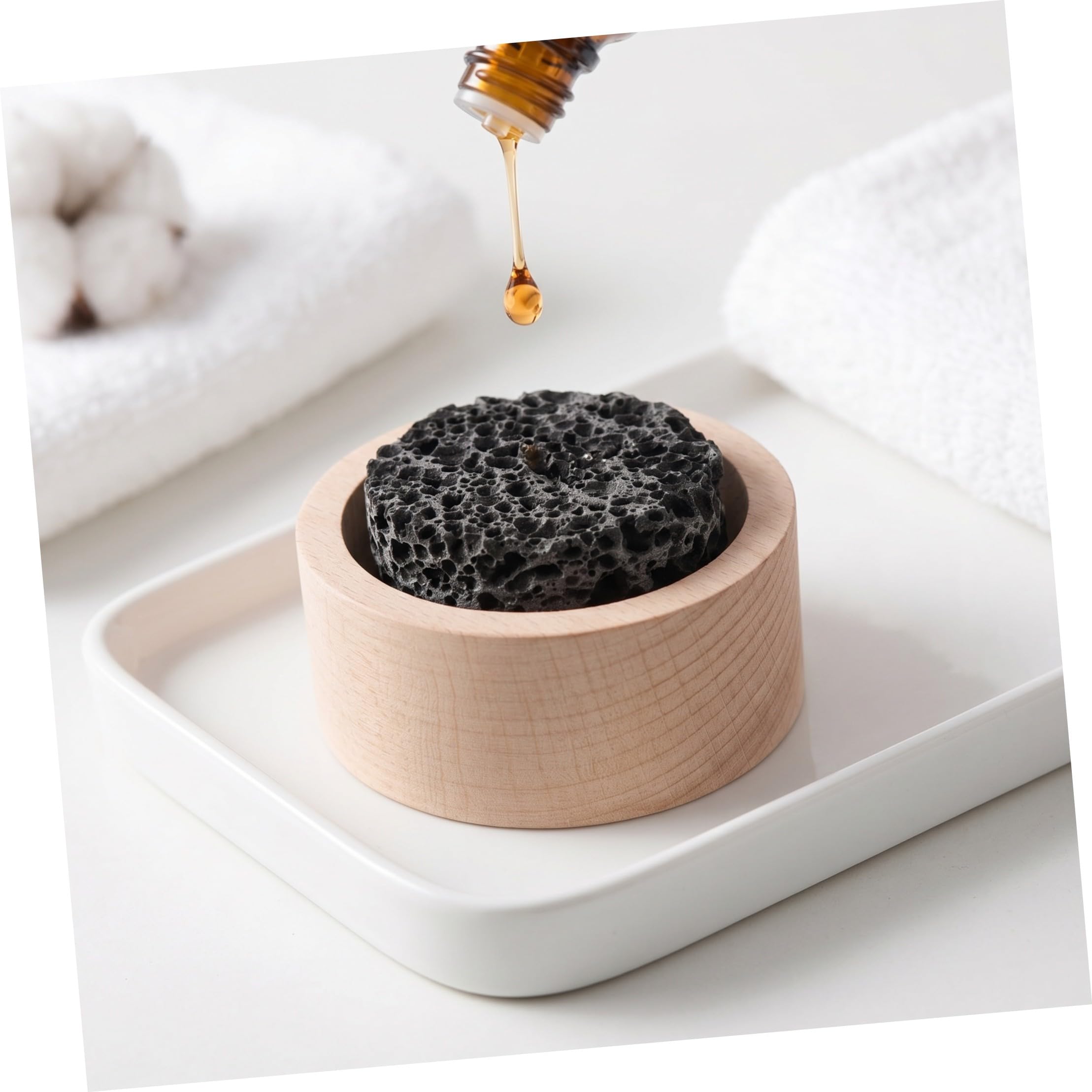 4 Stück Runde Aromatherapie Diffusor Steine aus Vulkanstein und Holz ohne Strom für Ätherische Öle im Büro und Badezimmer rutschfest und Dekorativ