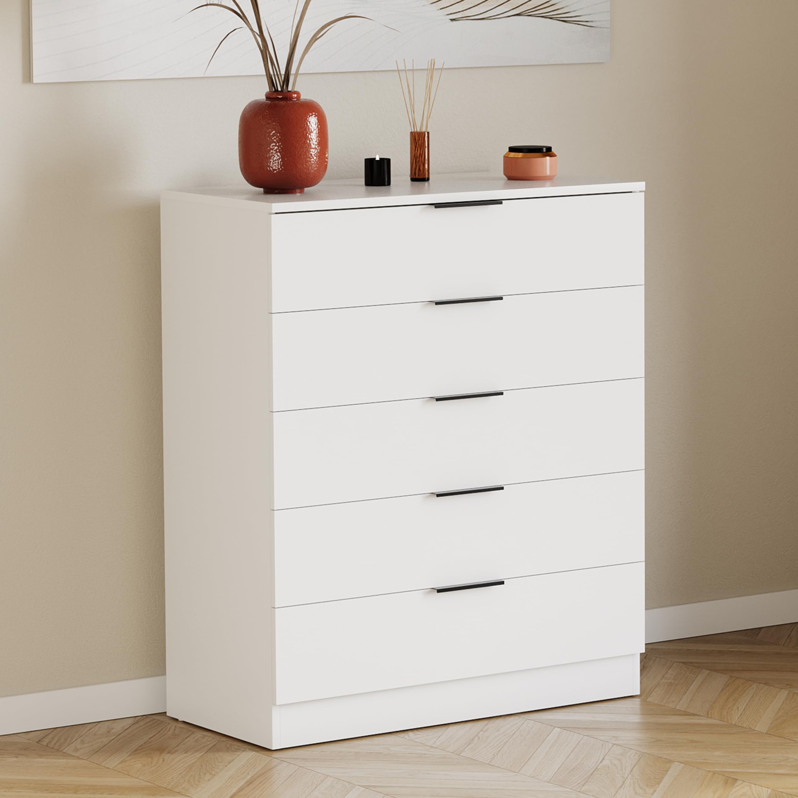 Vida Designs Trega Kommode mit 5 Schubladen | Weiß | 90 H x 66 B x 36 T cm | Platzsparende Stauraumeinheit | Schubladenstütze gegen Durchbiegen | Minimalistische | Leichtgängige Schubladenführungen