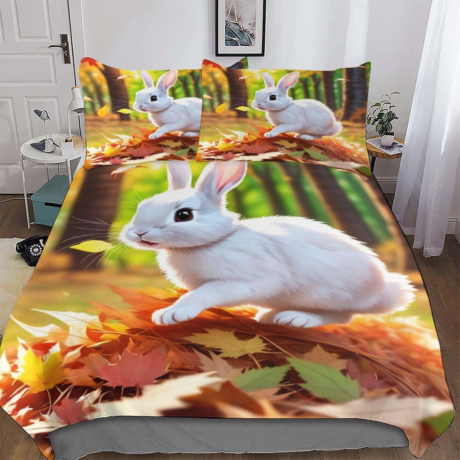 PAZZK Cute Rabbit 3D Duvet Cover Set 2 PCs Printed Quilt Cover Soft Microfiber Bedding Set with Pillowcase with Zipper Closure for Kids, Youth And Adult Comforter Cover Single (135x200cm)