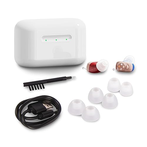 Miniatura 6 de RCA Audífonos recargables OTC para personas mayores y adultos con control de volumen, completamente en el canal, diseño apenas visible, audífonos