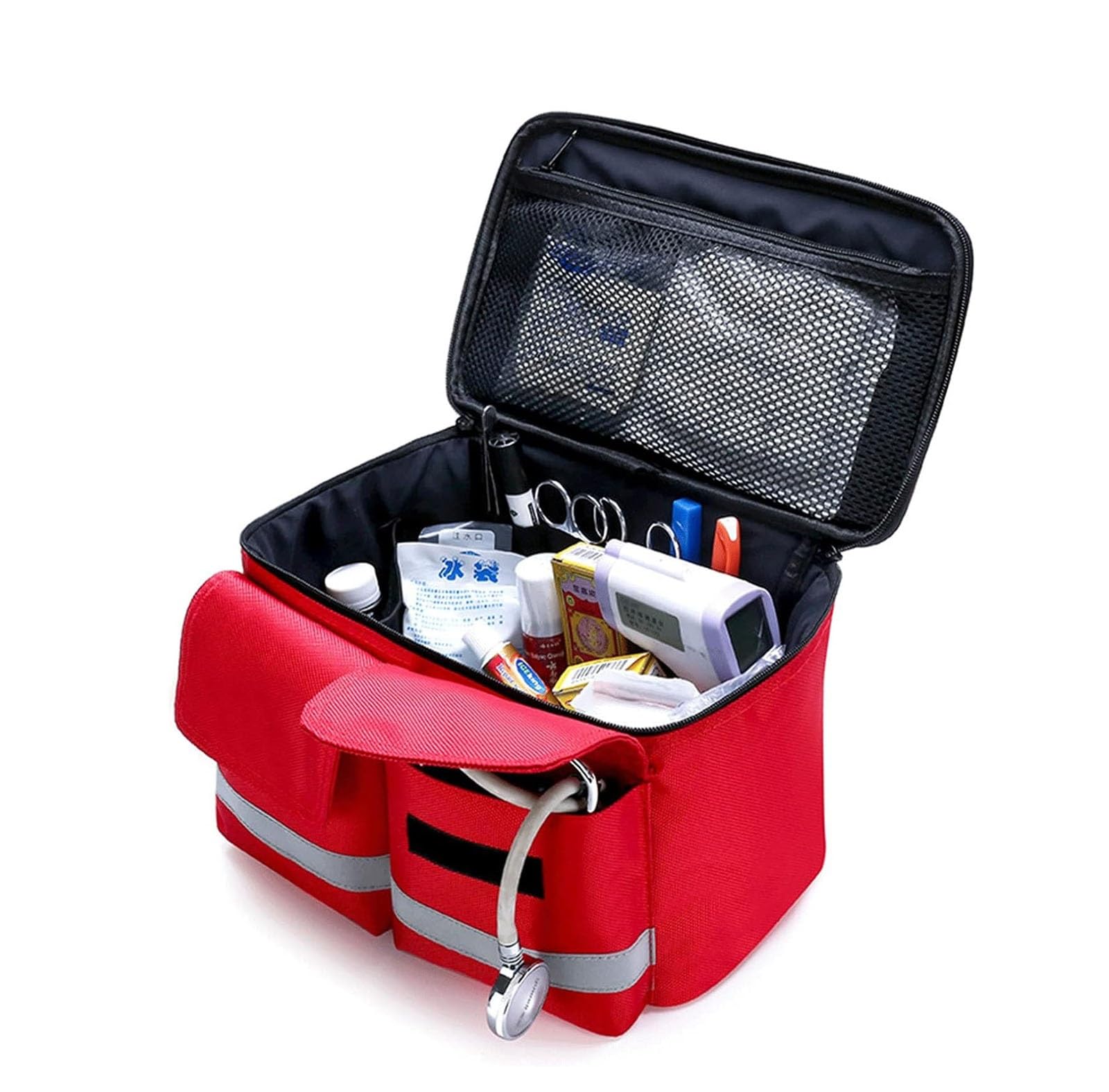 Botiquín De Primeros Auxilios portátil Vacío, bolsa de primeros auxilios con múltiples bolsillos y banda reflectante, correas ajustables, botiquín de emergencia para el hogar, exteriores, camping(Red)