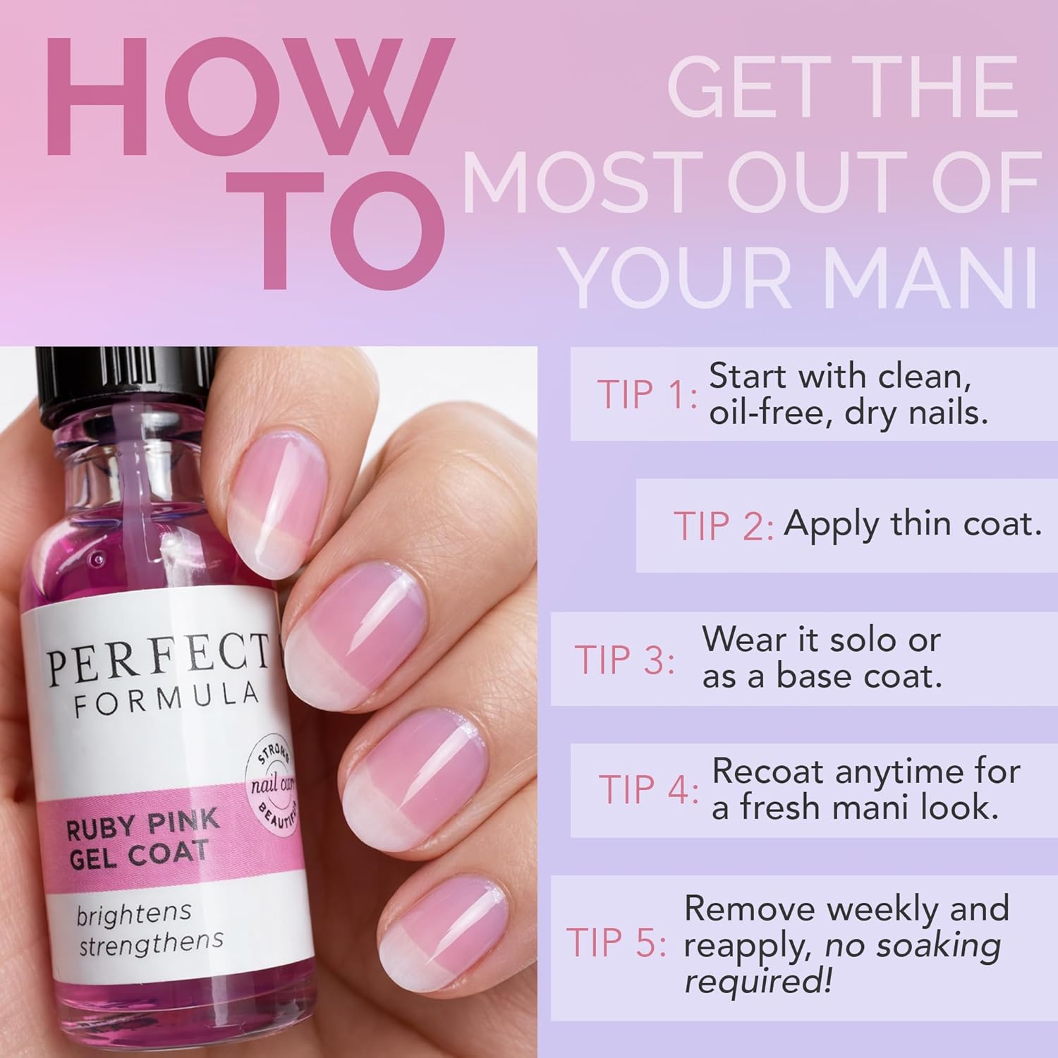 Perfect Formula Ruby Pink Gel Coat - Nail Strengthener, Keratin Nail Treatment, Gemstone Pink Gel Nail Polish - Nail Strengthener for Damaged Nails - Made In The USA .60 fl oz.