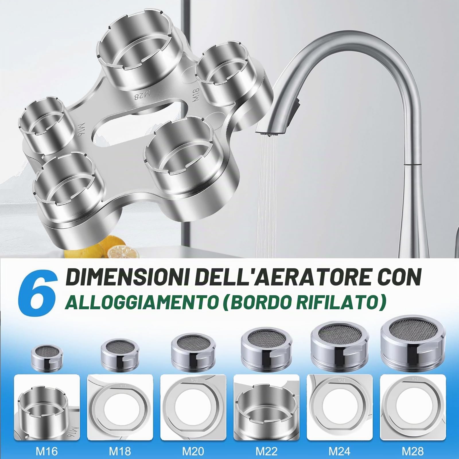 Chiave Universale 10 in 1 per Smontaggio Aeratore Rompigetto Rubinetto - M16 M18 M22 M24 M28 - Per Efficiente per Sostituzione Della Filtri Bagno e Cucina