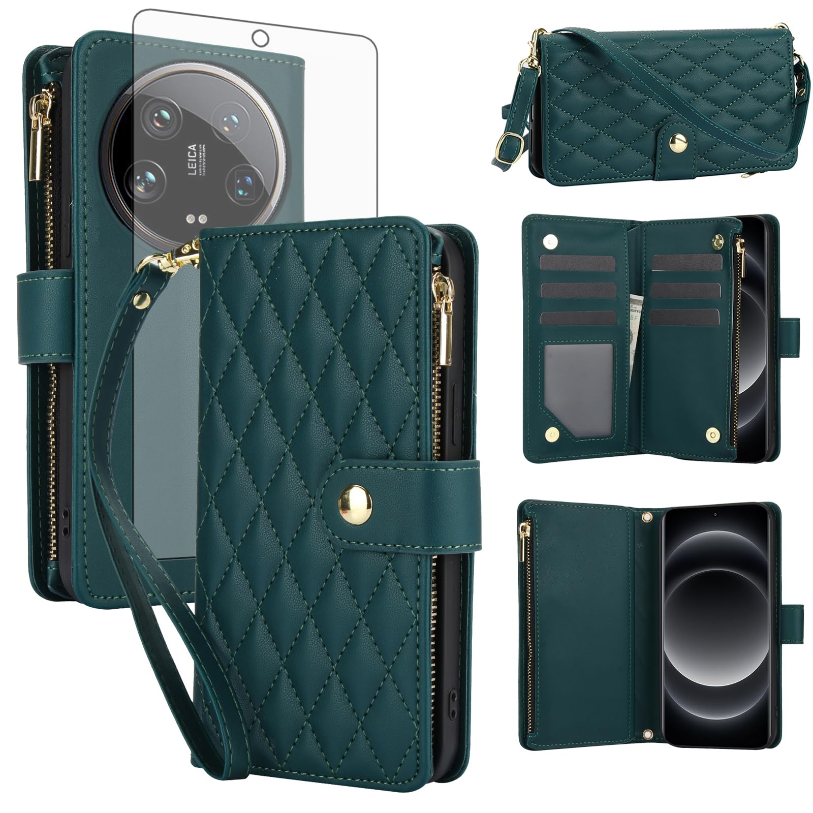 Asuwish Handyhülle für Xiaomi 14 Ultra Hülle mit Band Folie Schutzfolie Kartenfach Klappbar Leder Geldbörse Ständer Mi 14Ultra 5G Reißverschluss Schutzglas Handy Hüllen Schutzhülle Phone Case Grün