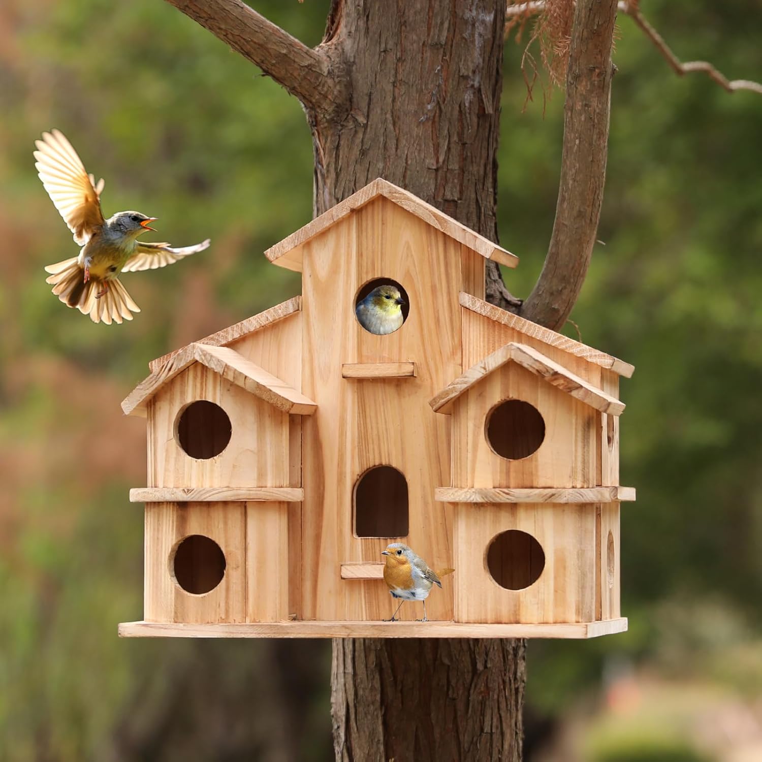 Bird House for Outside, Wooden 10 Hole Bird House for Multiple Birds, Hanging Birdhouse Nesting Box for Wren Finch Chickadee Bluebird, Decorative Garden Bird Hotel