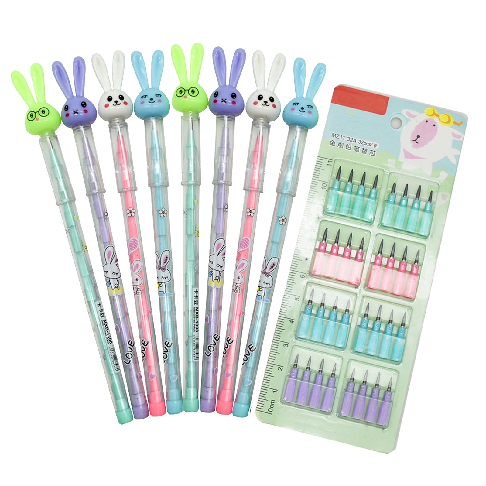 Lopenle 12PCS Cute Bunny Sharpening Pencils Stackable Pencils Cute Rabbit Pencils Animal Pencils With 64 Replacable Refills For School Kids Students Office Using Supplies.