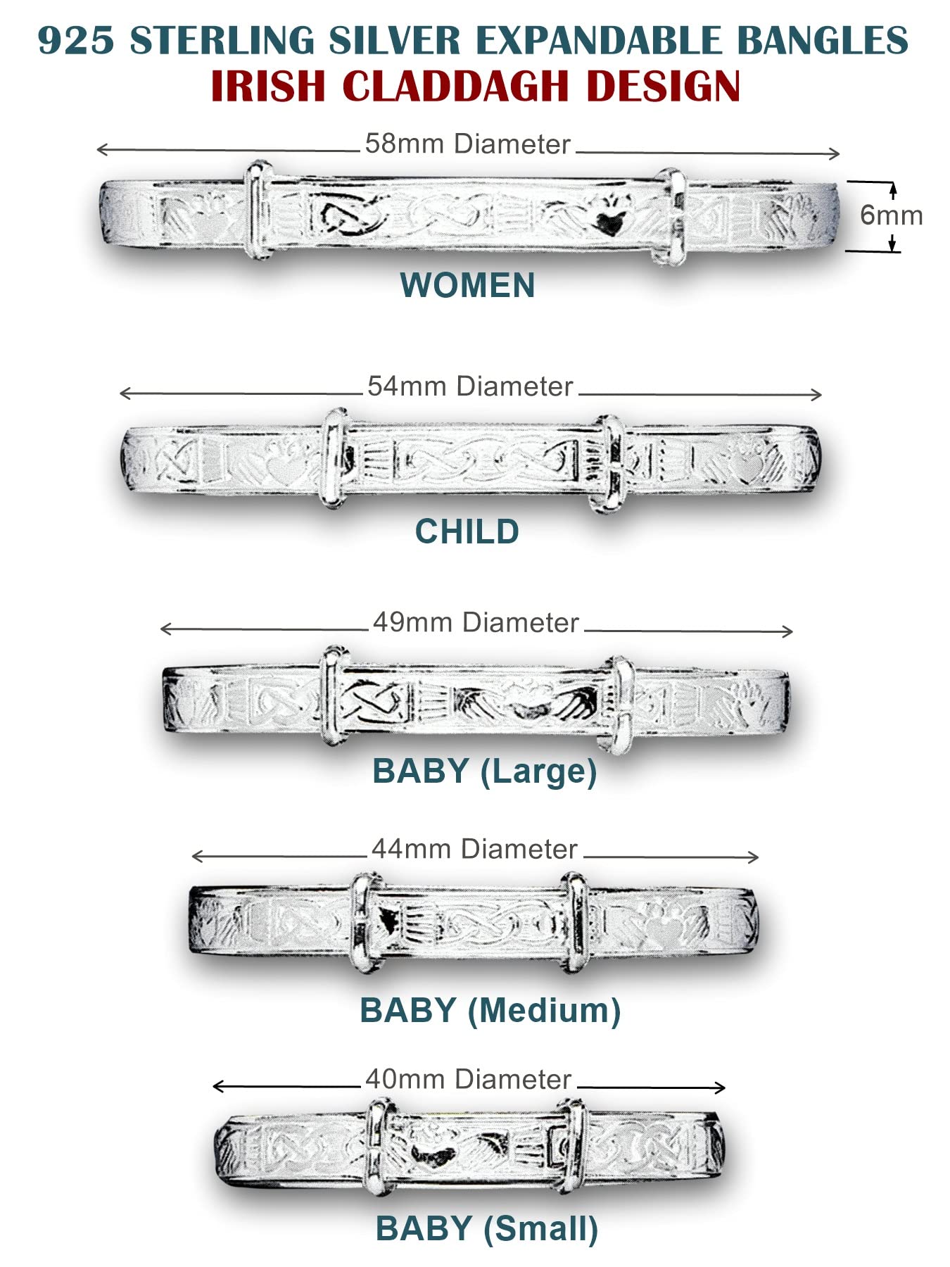 HSFJGSF Diseño Celta Irlandés/Diseño Claddagh Pulsera Expandible/Ampliable/Ajustable para Bebé/Niño/Mujer - Plata de Ley 925 - Joyería Infantil