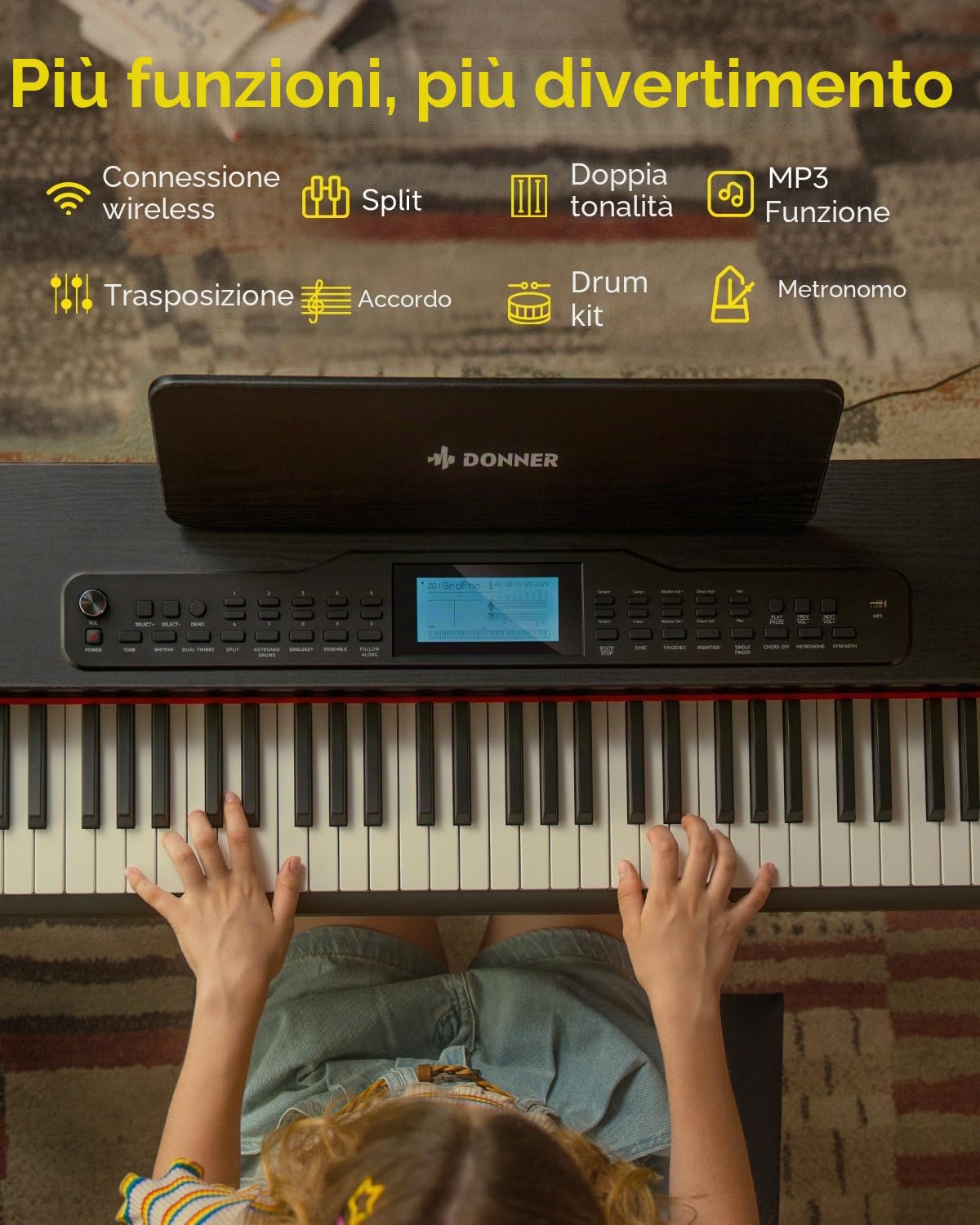 Donner DDP-95 Pianoforte Digitale 88 Tasti Pesati per Principianti, Connessione Wireless, Registrazione, 11 * 5 cm LCD, 600 Toni/Ritmi, 3 Modalità di Insegnamento del Pianoforte, Nero