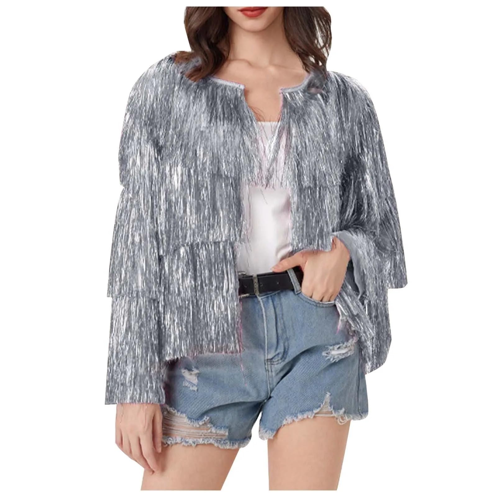 Top con Frange Giacca da Donna vestibilità Ampia con Paillettes e Frange, Cappotto da Donna Aperto sul Davanti, Abbigliamento da Club, Abbigliamento da Festa per Le Donne(Gold,L)
