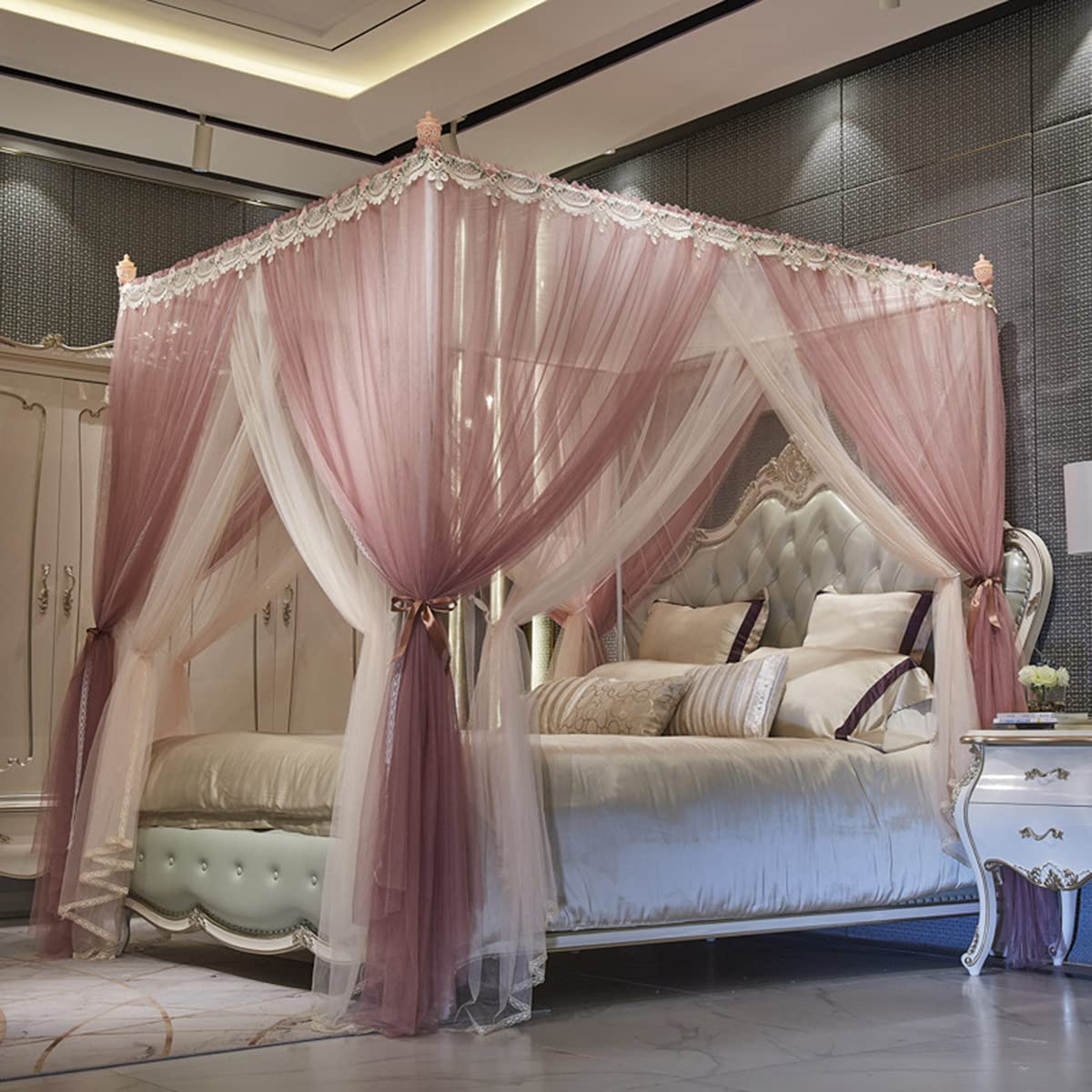 Moustiquaire de lit baldaquin princesse rouge clair à 4 coins pour chambre