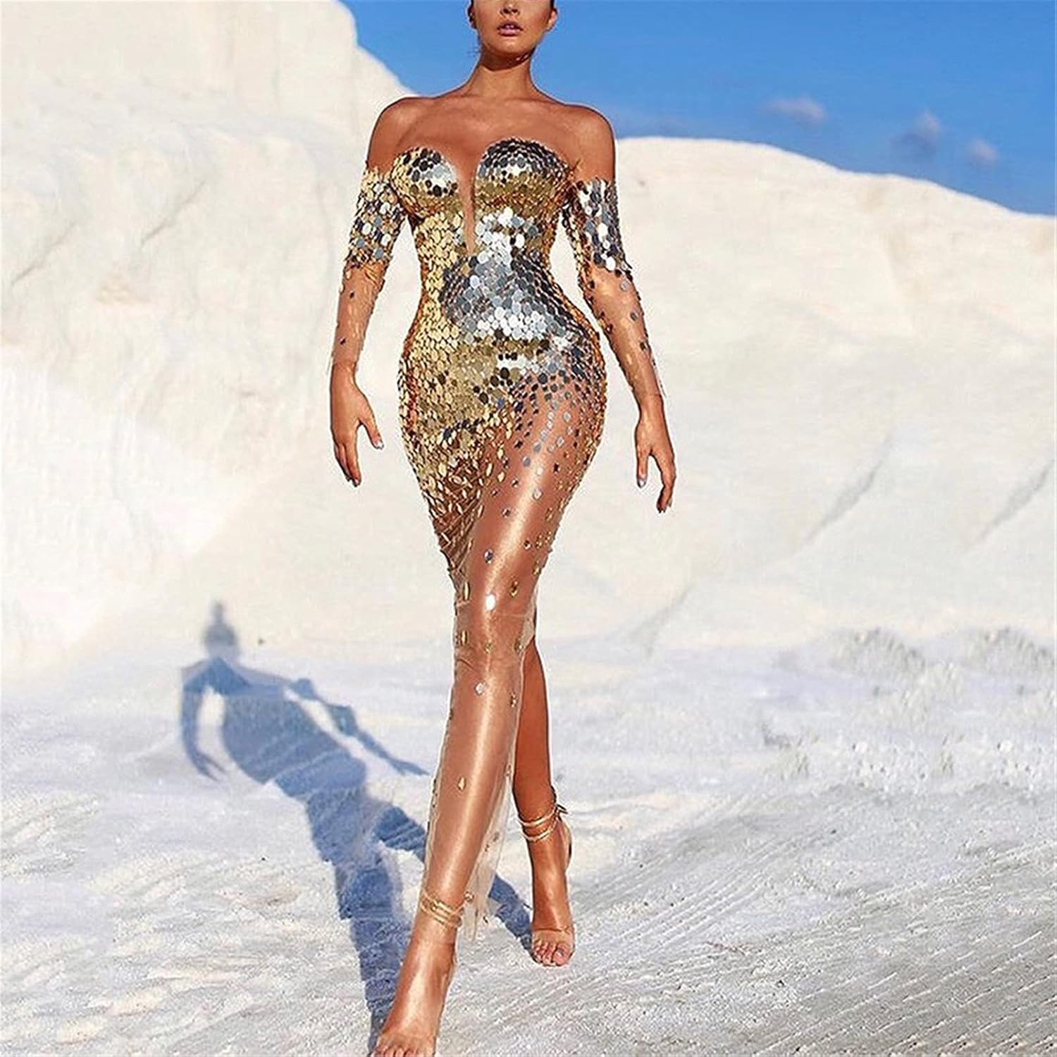 Women Long Sleeve Bare Shoulder Sequined Dress See Through Gauze Spliced Bodycon Party Cocktail Evening Dress - Image 8