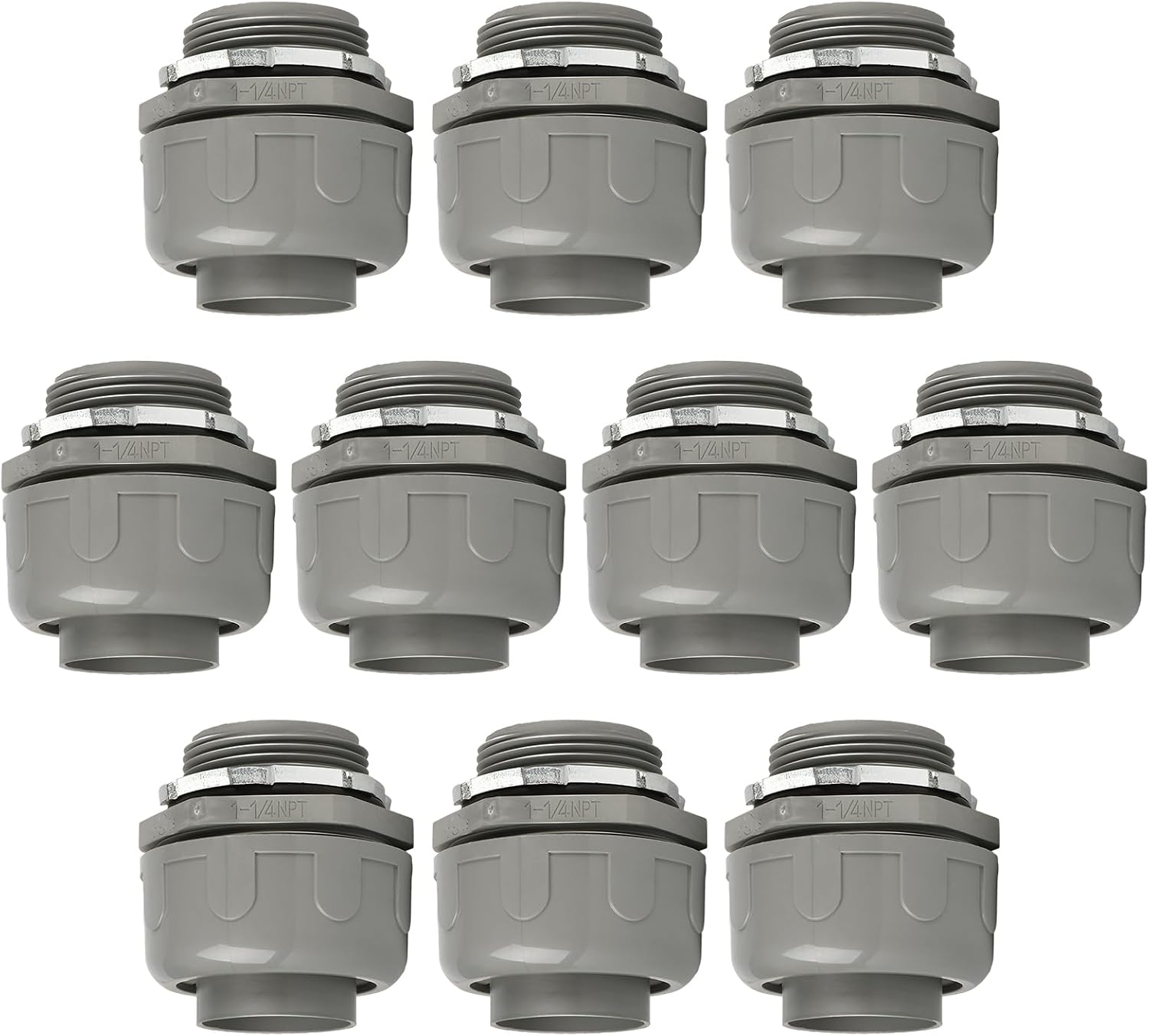 Conduit Connectors, 1-1/4 Inch Liquid Tight Connector NPT Non-Metallic for PVC Electrical Flexible Conduit Fittings, 180 Degree Straight, UL Listed for Home Outdoor Tubes Tools, Grey (10-Pack)