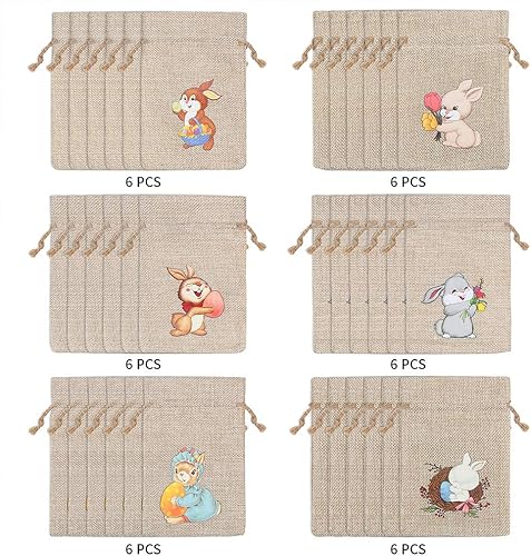 Miniatura 5 de CCINEE 36 bolsas de arpillera de Pascua con cordón, bolsa de regalo de arpillera de conejo, bolsas de regalo de línea de yute para niños,