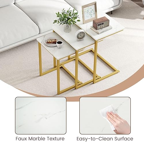 Miniatura 16 de Tangkula Juego de 3 mesas anidables, mesa auxiliar rectangular apilable con parte superior de madera y patas de metal, almohadillas ajustables para