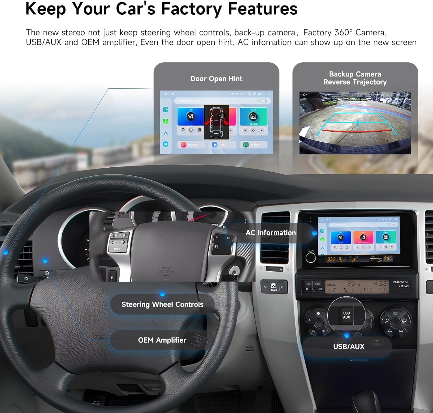 Dasaita head unit retaining factory features like steering wheel controls, backup camera, and AC information