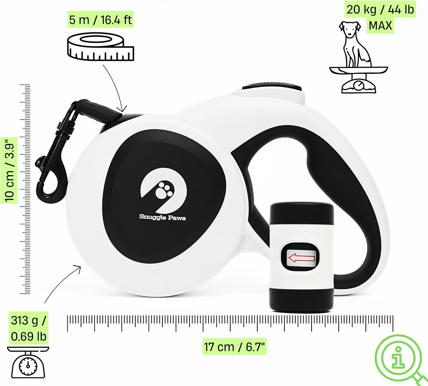 Snuggle Paws 16ft Retractable Dog Leash – All-in-One with LED Flashlight, Poop Bag Holder, Heavy Duty Chew-Proof Steel Cable & Reflective Tape – Compact, No-Tangle Leash for Small Dogs up to 44 lbs