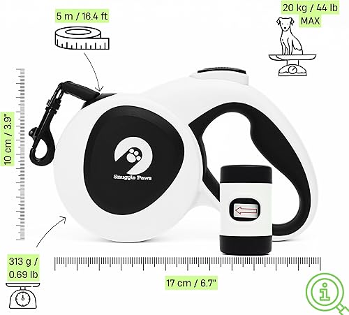 Miniatura 4 de Snuggle Paws - Correa retráctil para perro de 16 pies, todo en uno, con linterna LED, soporte para bolsa de excrementos, cable de acero resistente a