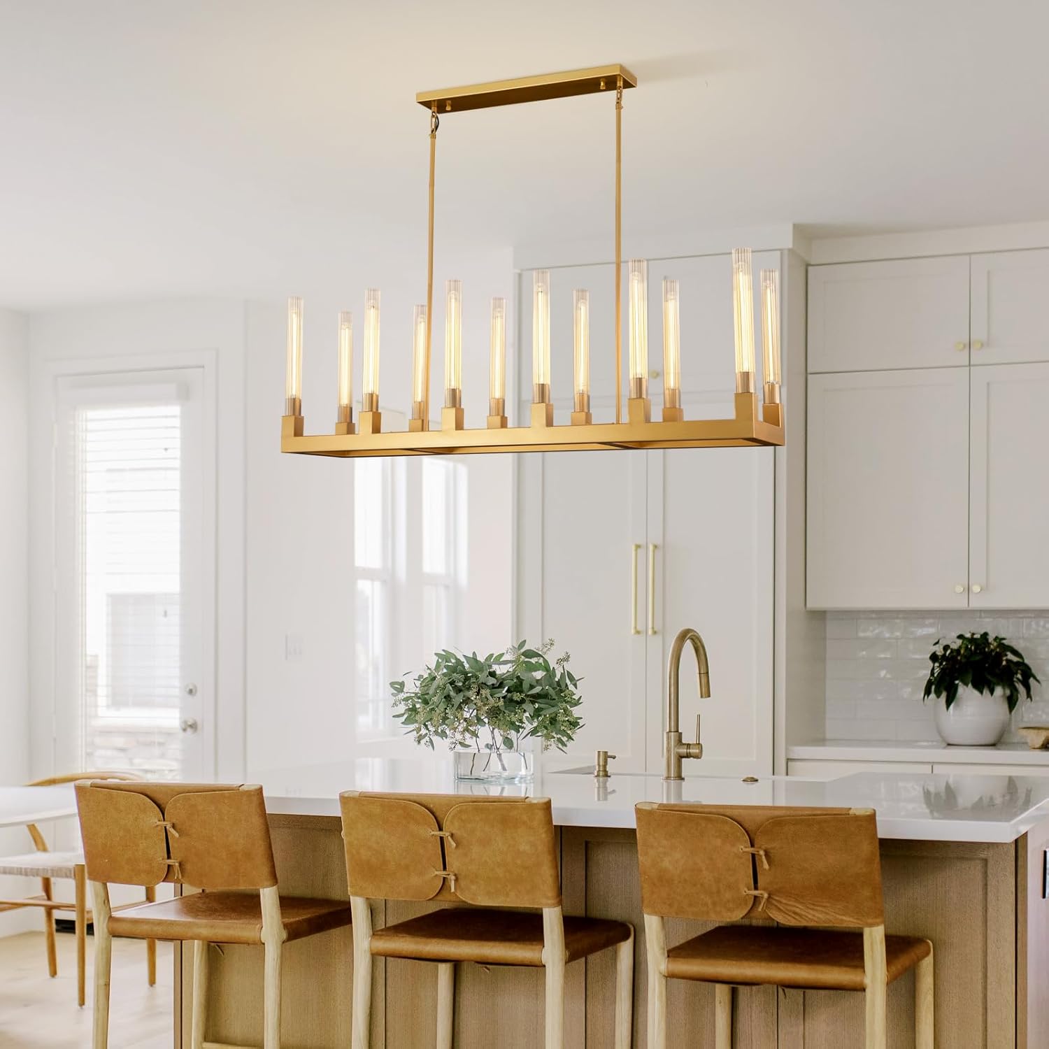 14-Lights Rectangle Chandelier with Glass Tube 55''Gold Rectangular Dining Room Chandelier Over Table Modern Large Linear Chandeliers for Kitchen Island,Living Room,Foyer