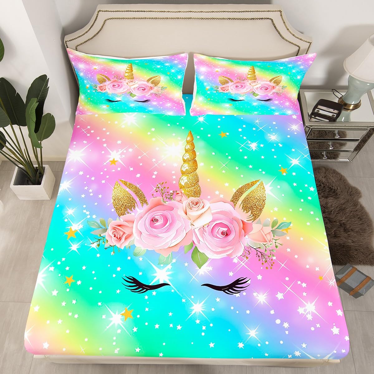 Housse de couette licorne à offrir en cadeau d'anniversaire pour décorer un lit fille