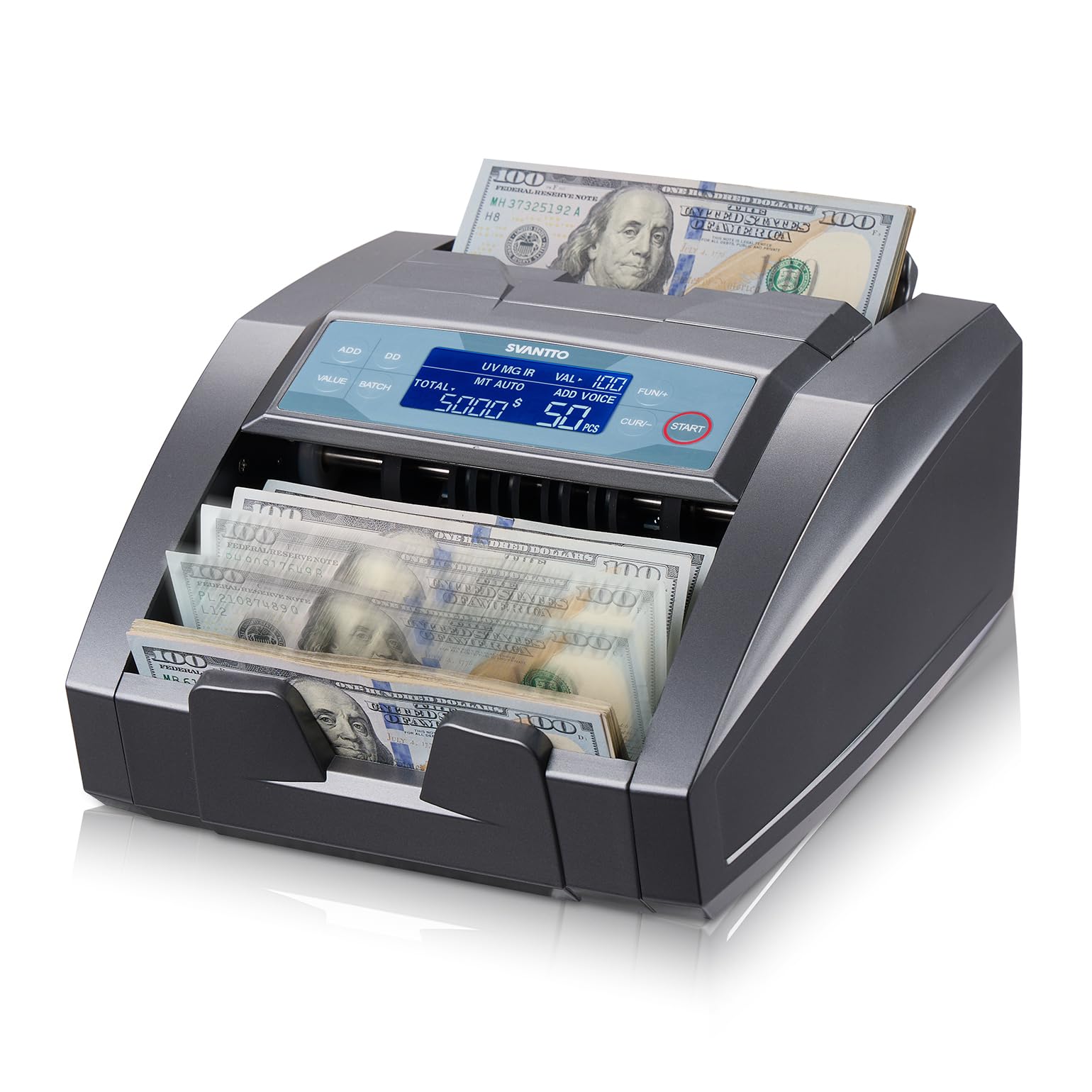 SVANTTO BC009 Money Counter Machine with Value Count, MT/UV/MG/IR/DD/DBL/HLF/CHN Counterfeit Detection for Dollar/Euro Bill Counter, Add/Batch Mode Cash Counter, 1,300 Notes/Min, 2Y Manufacturer