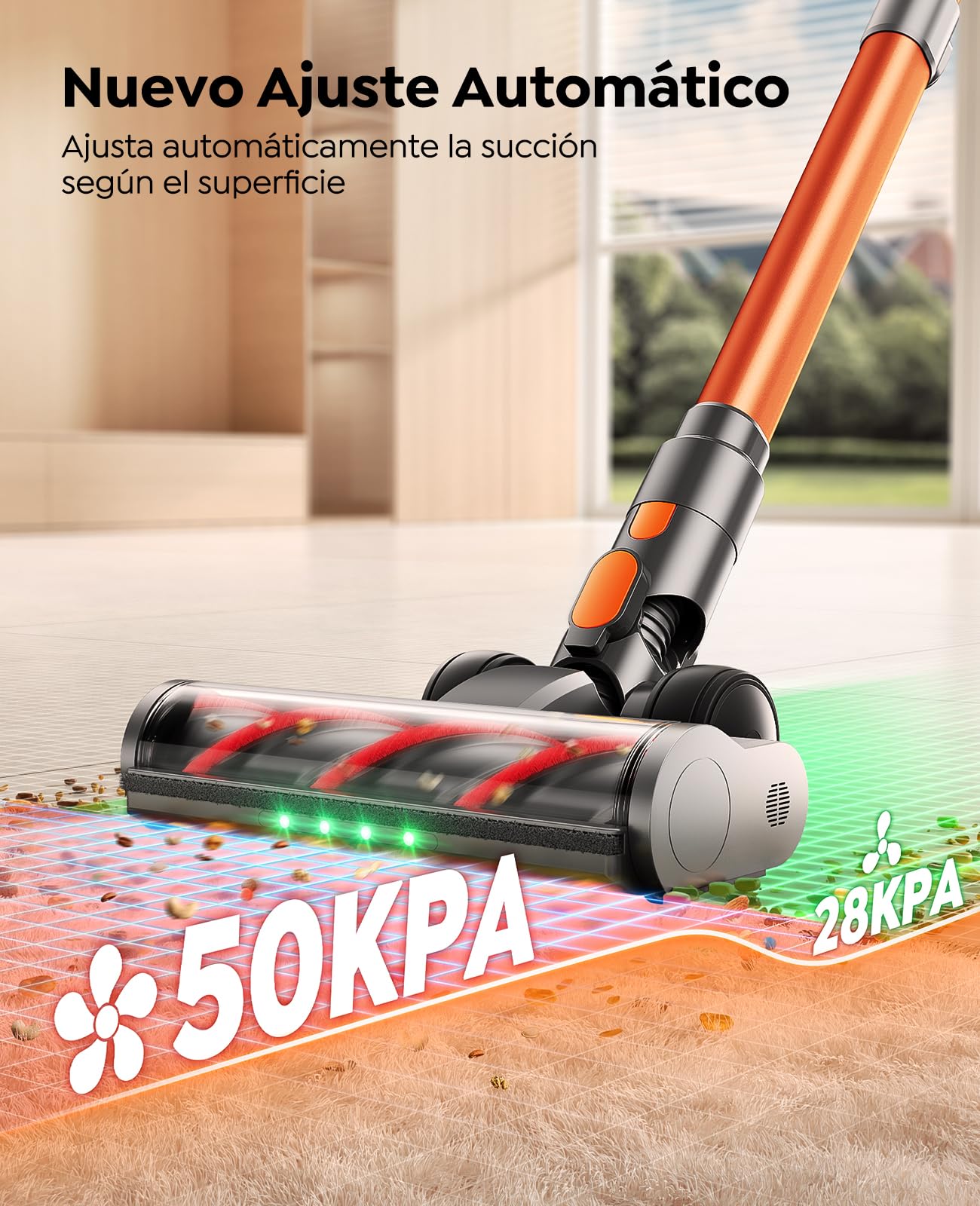 Fieety Aspiradora sin Cable 50KPa/650W/70Min(ECO), Aspiradora Escoba Potente con Brazo Flexible, Manguera 1M, Cepillo Anti-Enredo con Luz, Modo Auto, Aromática, Carga Pared, para Suelos/Alfombras/Pelo