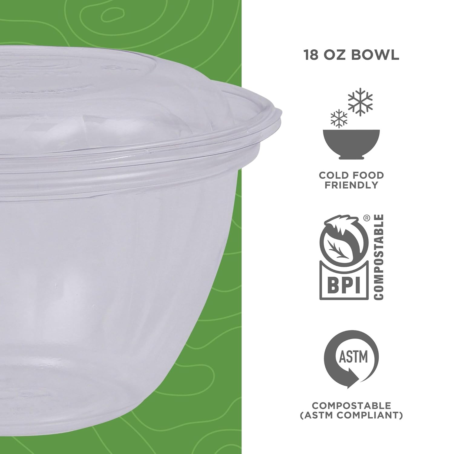ECO PRODUCTS Compostable Clear PLA Plastic 18oz Salad Bowl With Lid, Pack of 50, Grab 'n' Go Round Cold Takeout Food Containers, Renewable Plant-Based, Disposable, ASTM Compliant, BPI-Certified