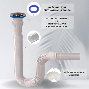 Flexible Extendable Sink Siphon, 64mm Double Layer Gasket, 350-800mm Adjustable Length, 32mm Drain Outlet