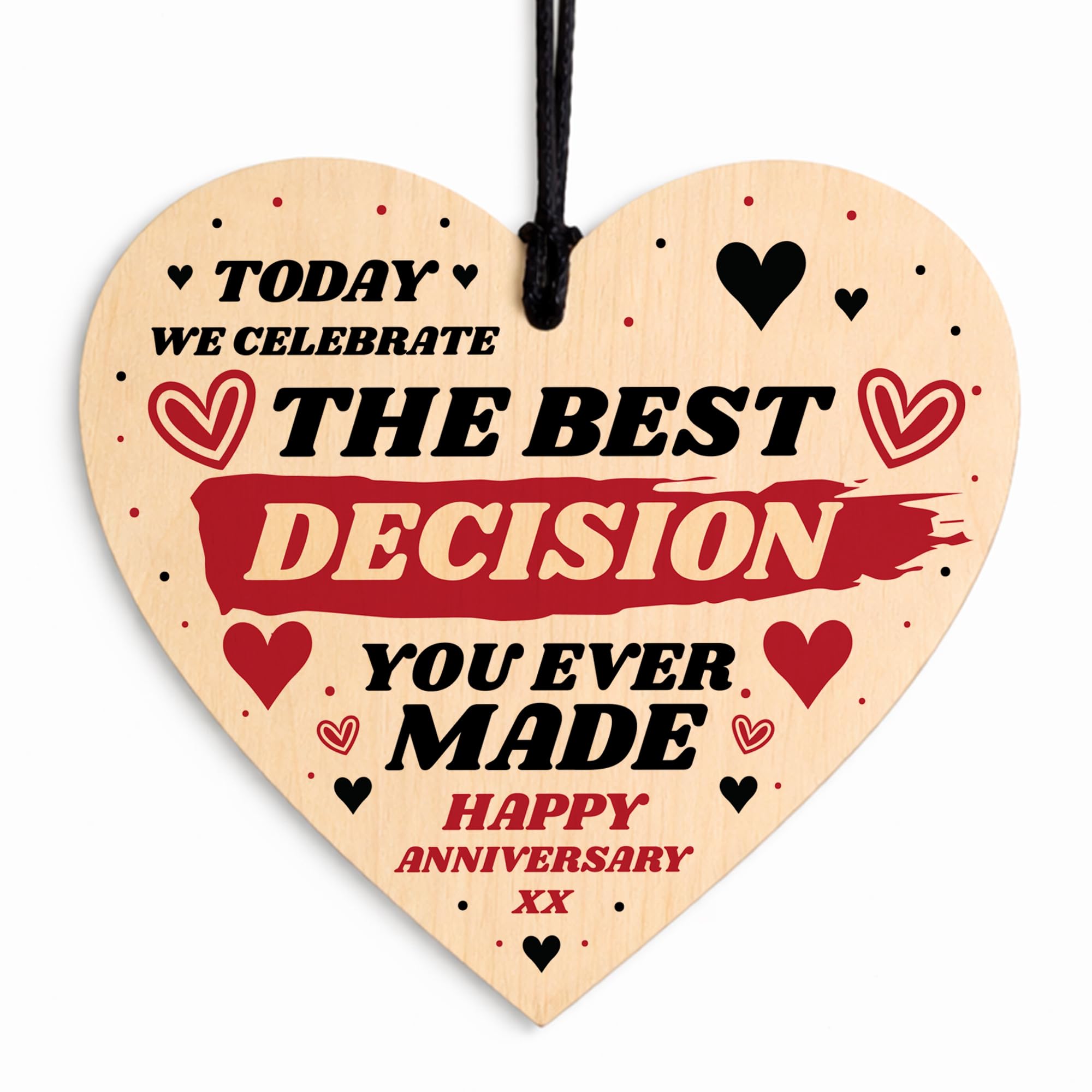 RED OCEAN Funny Anniversary Present for Husband Wife, Best Decision You Made, Joke Boyfriend Girlfriend Gift Wooden Heart, Present for Couple