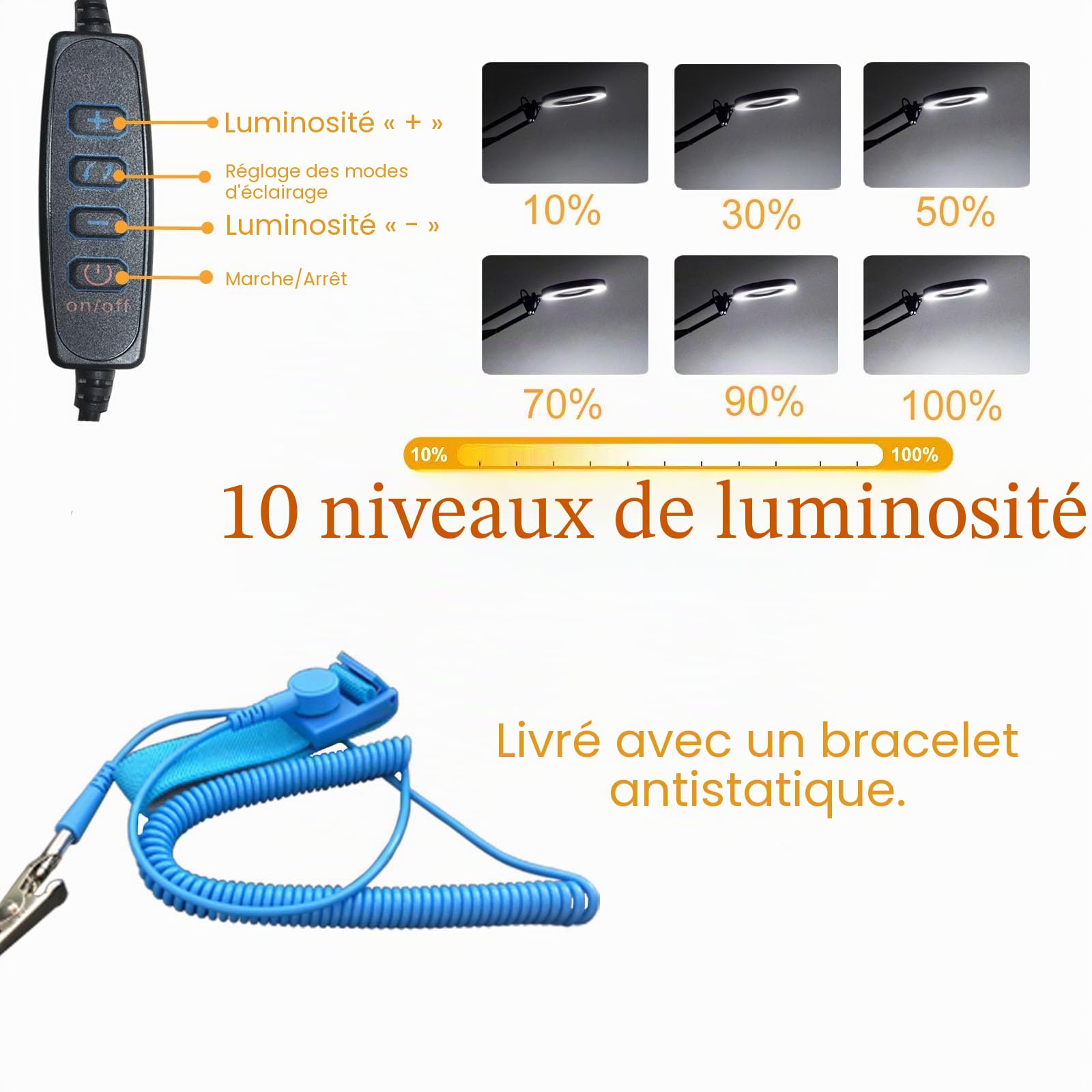 ELITUN Loupe avec lumière, 10 lampes loupes LED, lampe de travail avec pince et base, 5 modes de couleur, 10 niveaux d'intensité variable, lampe de table pour le bricolage, la lecture