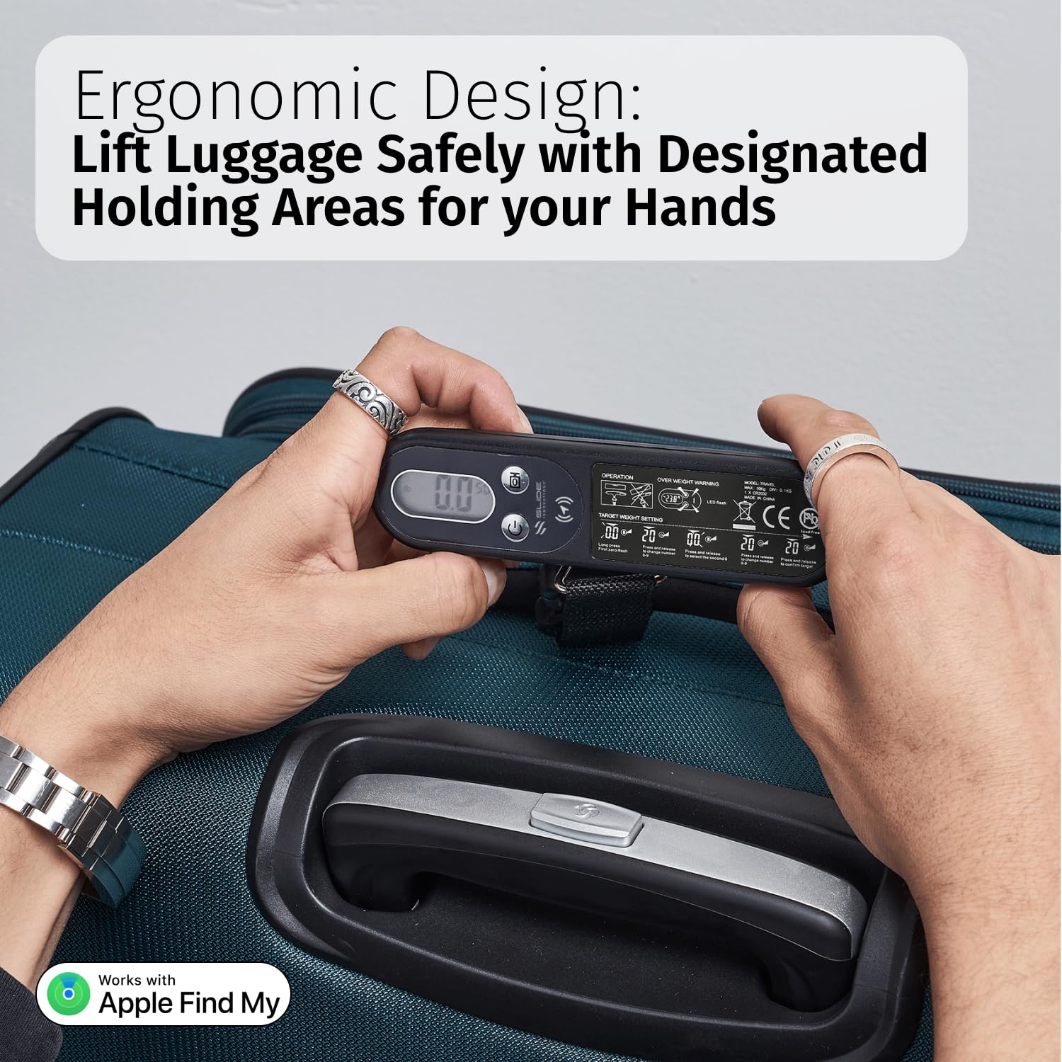 Slide Innovations Báscula digital de equipaje, báscula portátil para colgar equipaje con asa, batería incluida, ideal para maletas, equipaje y bolsas
