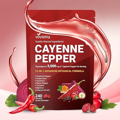 Suplemento de cápsulas blandas de pimienta de cayena, apoya la salud de las venas de las piernas, el corazón y los vasos sanguíneos, con vitamina E