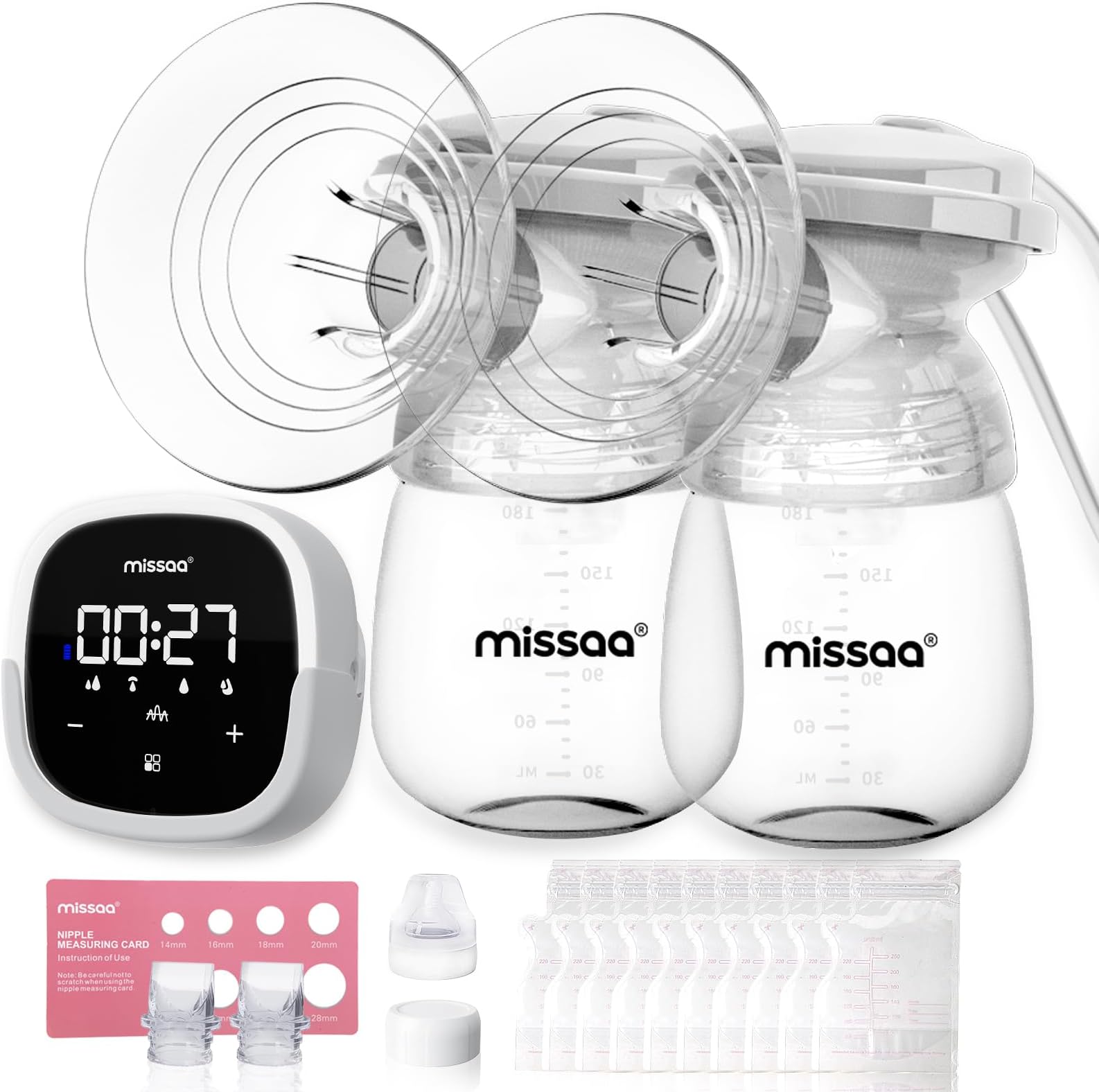 MISSAA Double Electric Breast Pump, Breast Pump Hands Free with 5 Modes & 7 Levels, Pain Free Portable Breast Pump with Lighting Touchscreen, 10 Milk Storage Bags, 2 Baby Bottles and Flange Ruler