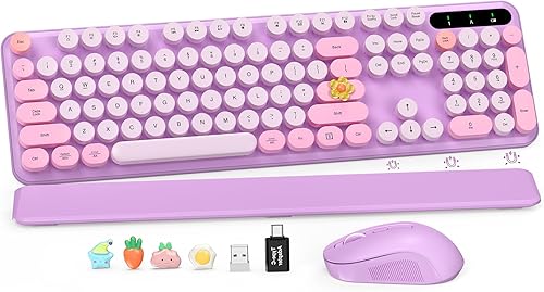 Miniatura 34 de Teclado inalámbrico, teclas redondas, teclado de máquina de escribir retro con reposamuñecas desmontable, modo de suspensión, patas plegables,