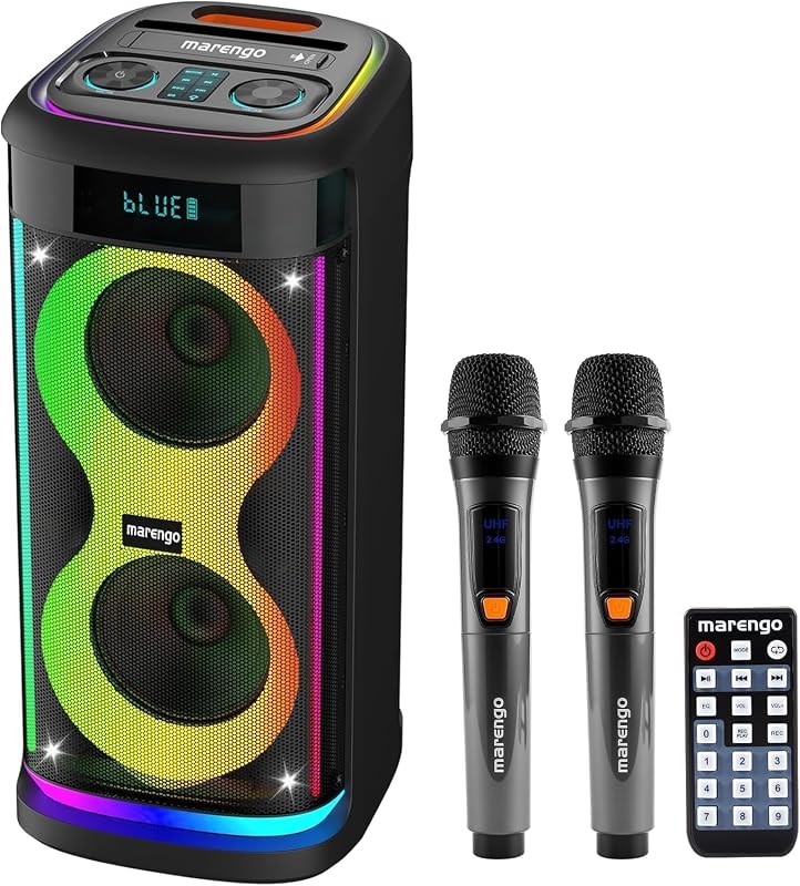 Karaoke Machine for Adults with 2 Wireless Mics, 500W(Peak) Party Speaker | Powerful 500W Peak Karaoke Speaker with 2 Wireless Mics, Bluetooth, LED Party Lights, Bass/treble Controls, TWS, USB & AUX