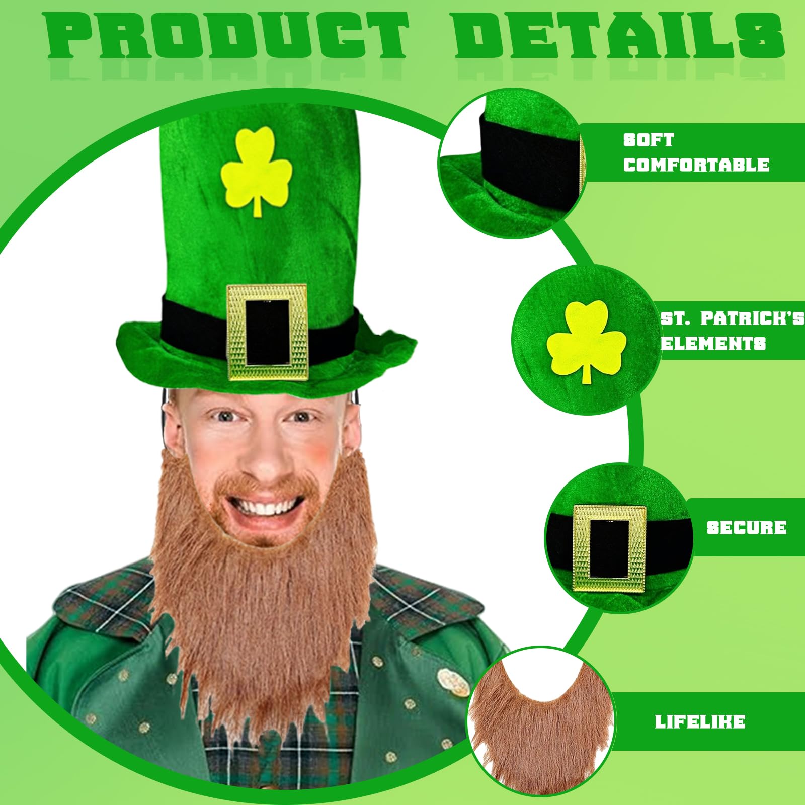 St. Patrick's Day Hat with Ginger Beard for Adult,Deluxe Green Shamrock Leprechaun Top Hats St Patrick's Day Accessories Irish Fancy Dress Costume Headwear Accessory Paddy's Day Hat for Men Women - Image 3