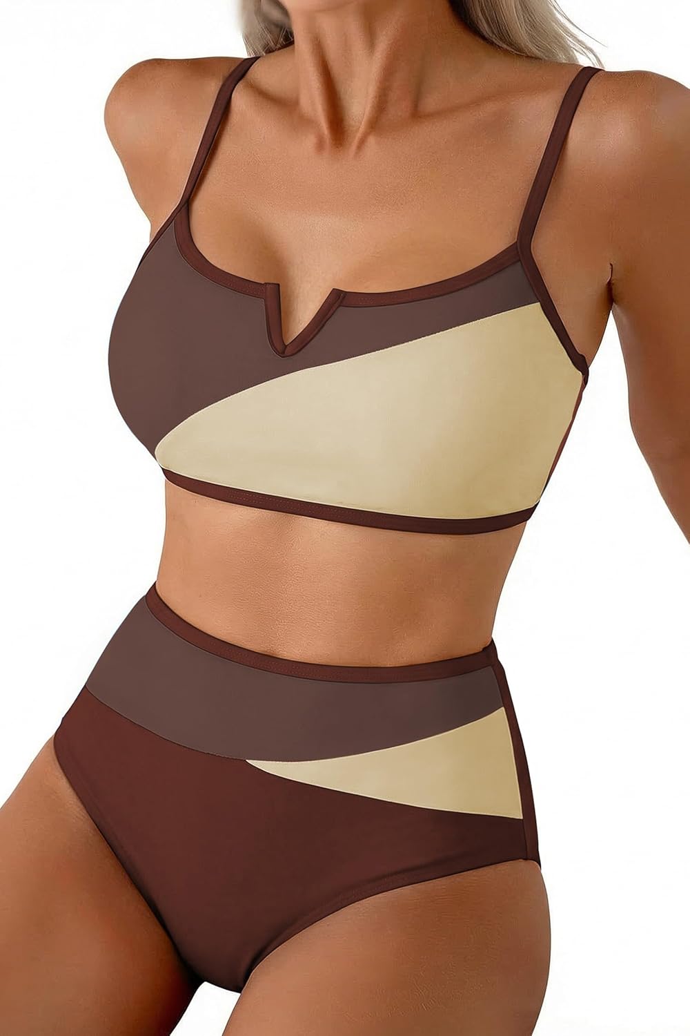 Herseas Women's High Waisted 2 Piece Bikini Sets V Wire Beach Summer Popular Swimsuits Colorblock Trim Swim Bathing Suit
