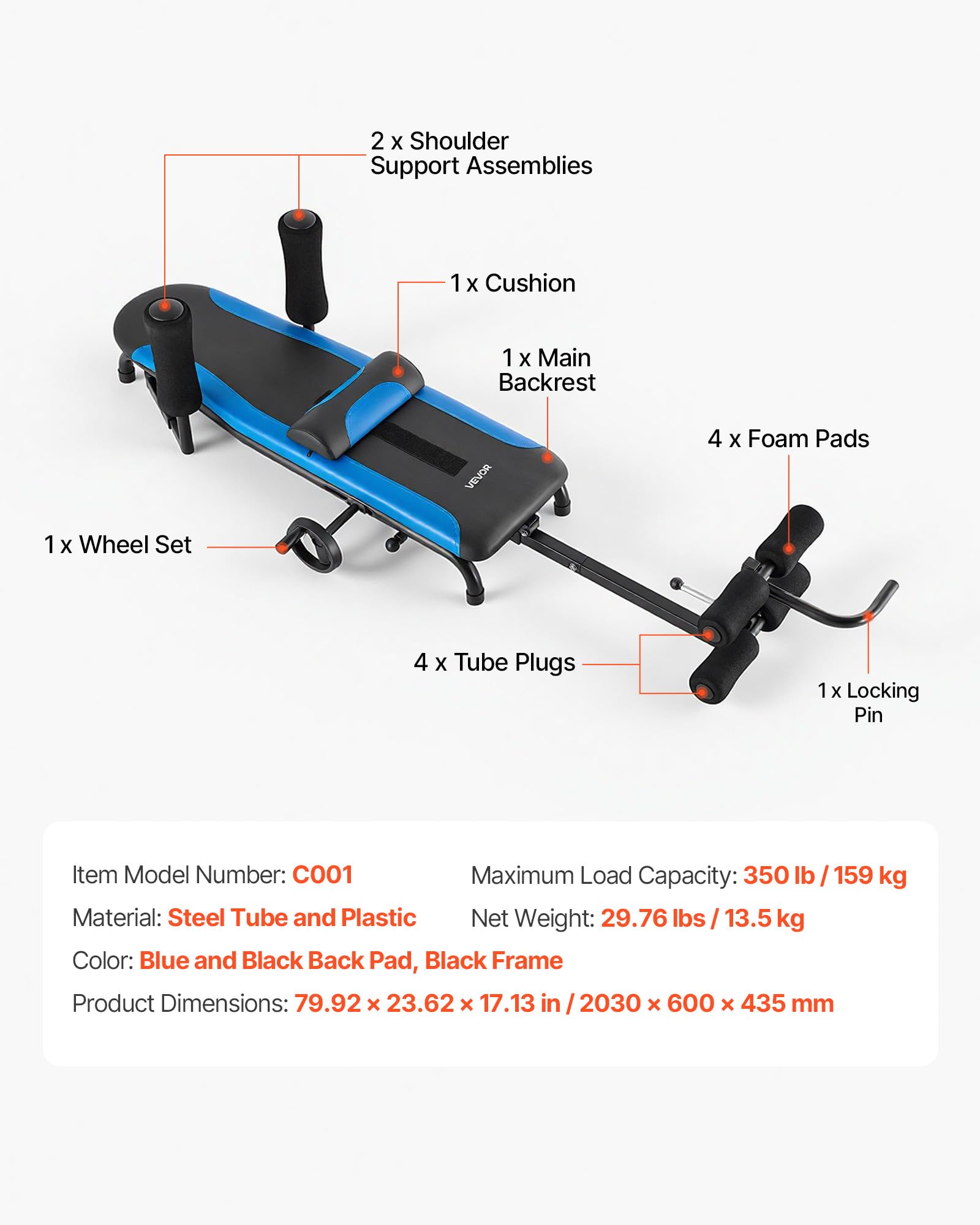 VEVOR Mesa de Tracción Lumbar Capacidad de 159 kg, Banco de Estiramiento de Espalda Estructura Estable, Reposabrazos Ajustables, Alta Resistencia, Tabla de Inversión para Hombros, Cuello, Espalda