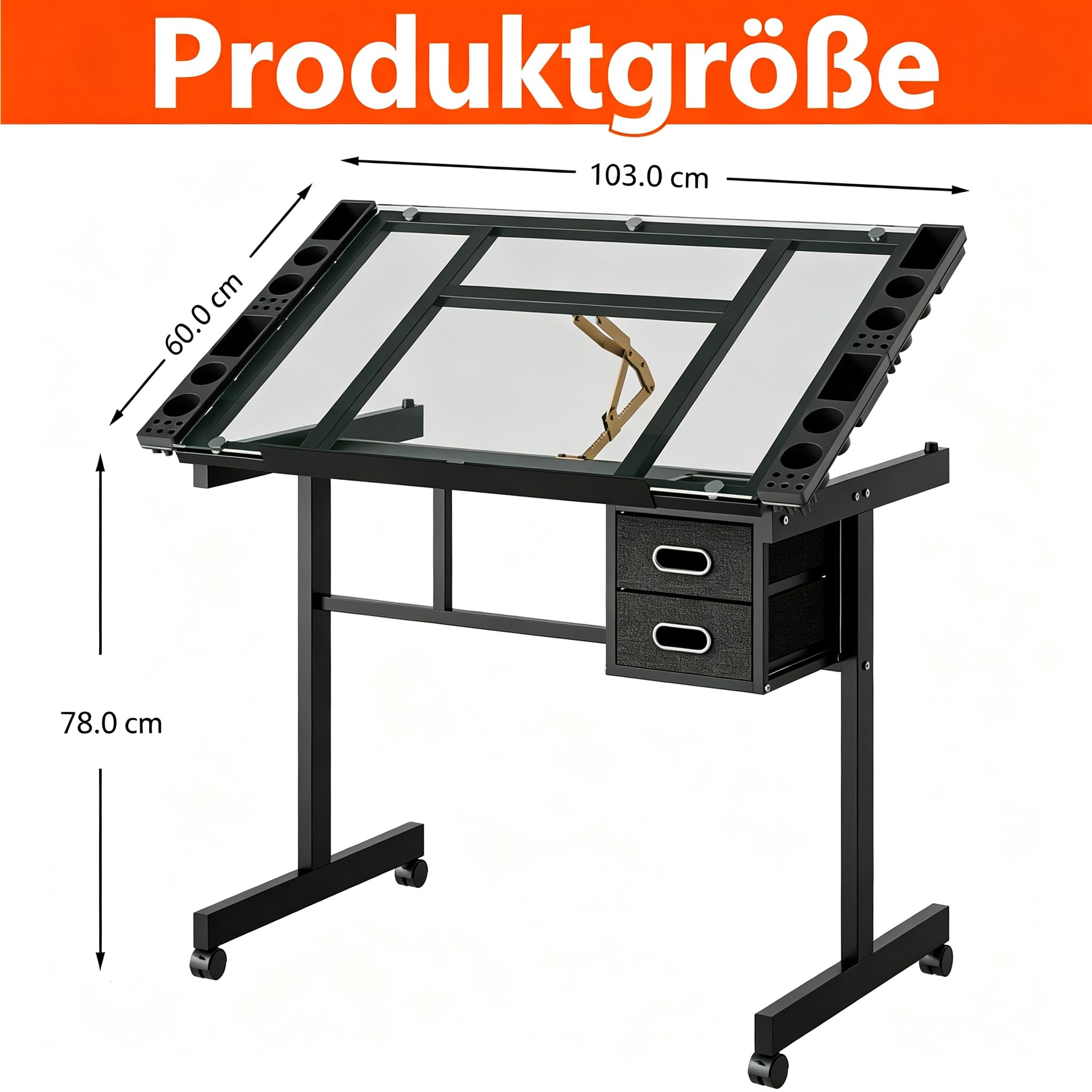 Tilt Gehärtetes Glas Zeichentisch auf Rädern mit 2 Schubladen, Schwarz