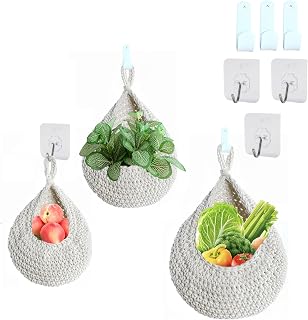 Boho Wall Hanging Fruit Baskets for Kitchen 3 Pack Woven Cotton Produce Holder with 6 Pcs Strong Hooks Vegetable Hanging Basket for Organizing Home Wall Decor Teardrop Vegetable Potato Storage (White)