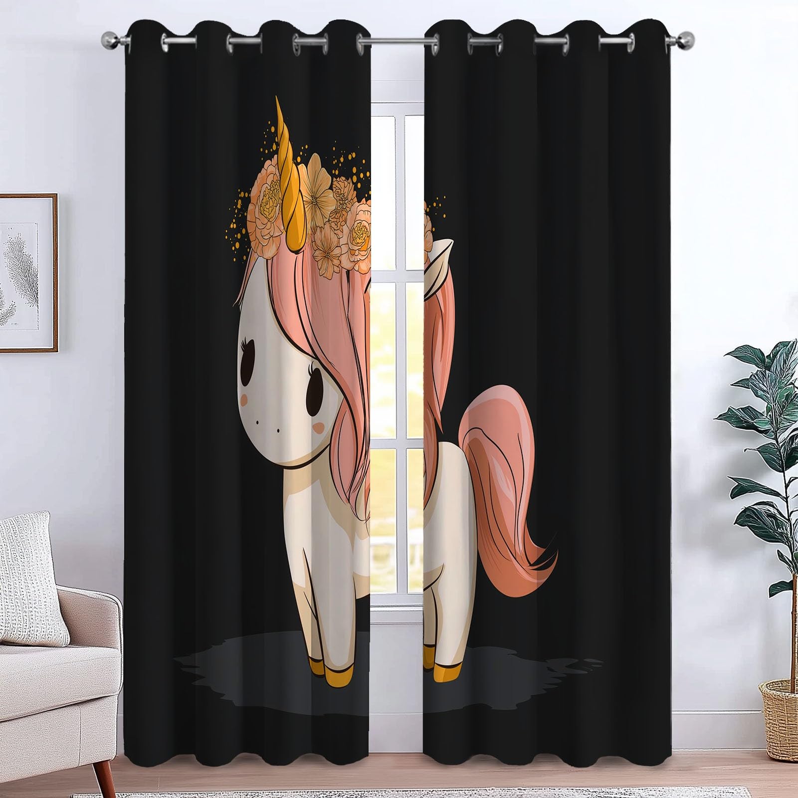 Fleurs Licorne Rideau Occultant, Style Dessin Animé Rideau Thermique Isolant Tenture Opaque à Oeillets Draperies IntéRieurs pour Chambre Salon Décoration 2 Panneaux 110L x 215H cm