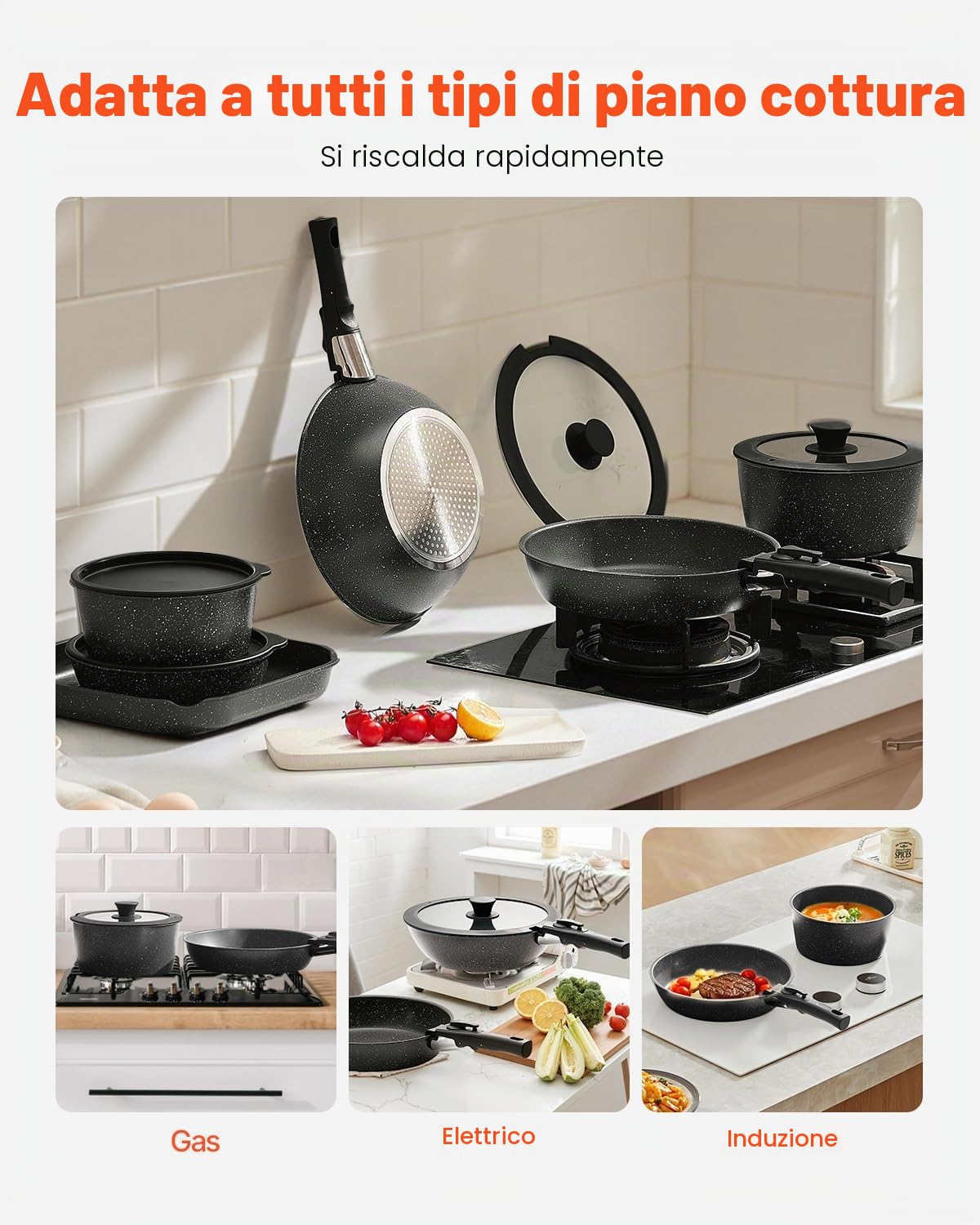 VEVOR Pentole e Padelle Antiaderenti, con Manico Staccabile, Set di Pentole a Induzione da Cucina per Camper, con Frittura, Coperchi in Vetro Temperato, Adatti al Forno,17 Pezzi Nero