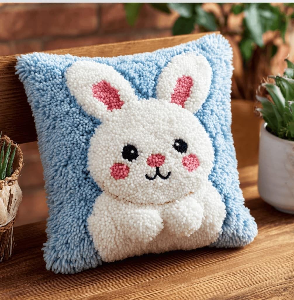 AxiangziK Latch Hook Cushion Kits,Rabbit DIY Needlework Pillow Cover Cushion Rug Making Kit,17X17Inch Handmade Embroidery Kits, Decorative Throw Pillow Cover for Sofa Cushions, Bedroom Decor