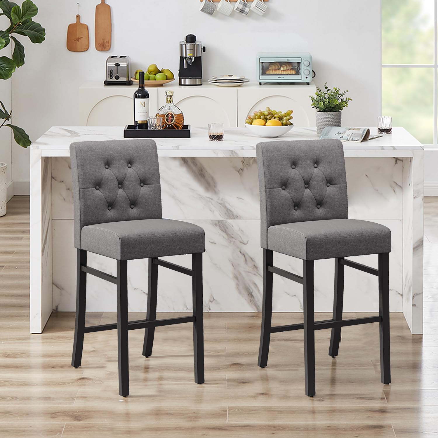 30" Counter Height Bar Stools set of 2 & 4 with Back Fabric Modern Bar Chairs Barstools with Seat Height Upholstered Button Tufted Wooden Island