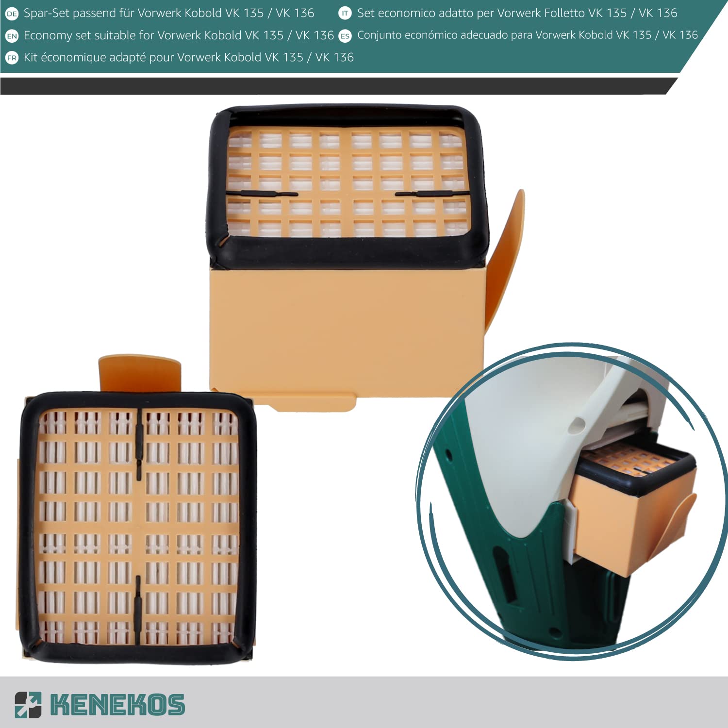 Kenekos - SET ECONÓMICO adecuado para Vorwerk Kobold 135/136 / 135SC / VK135 / VK136 12 bolsas de polvo + 2 filtros hepa + 2 filtros de protección del motor + 12x fragancias