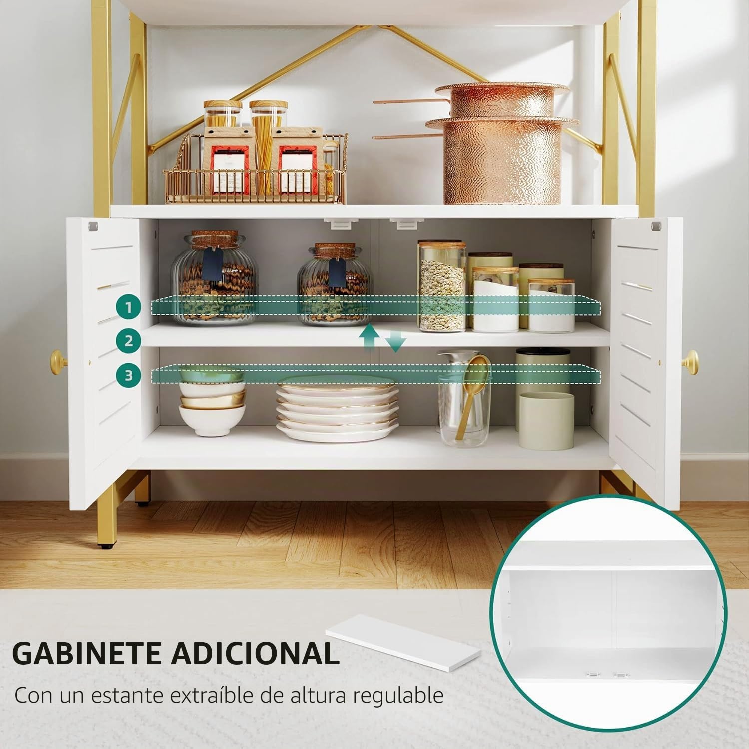 YITAHOME Estantería con Armario de Almacenamiento, Estante de 5 Niveles con Puertas para Dormitorio, Sala de Estar, Oficina, Blanco y Dorado