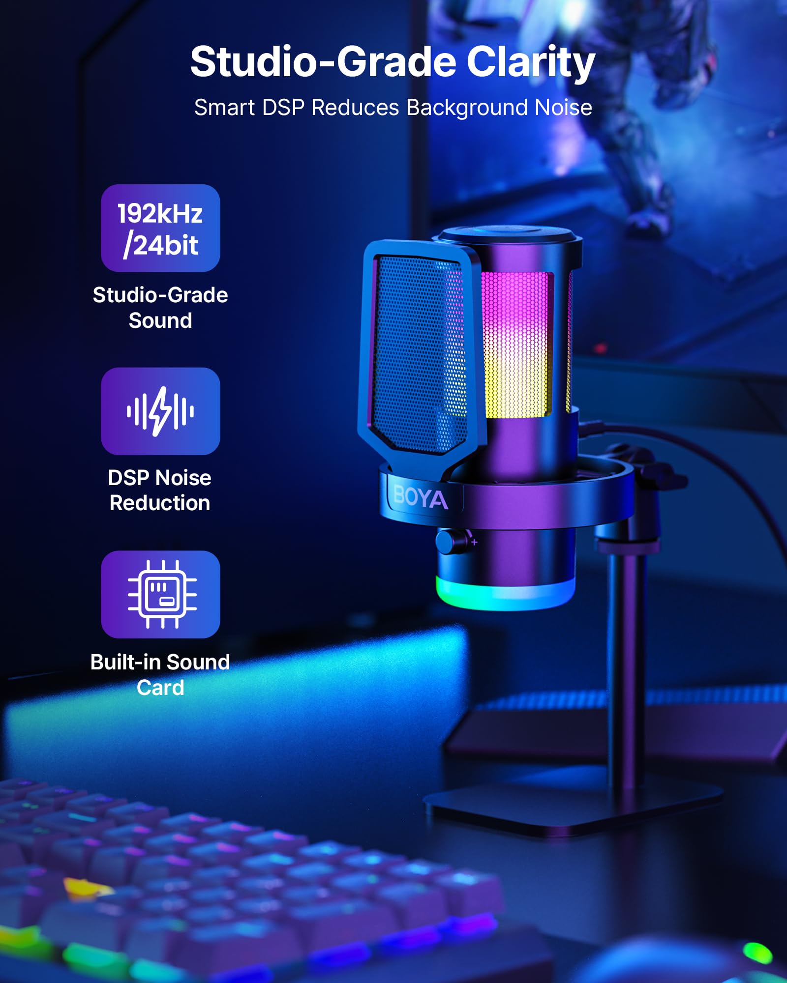 BOYA G30 Microphone Gaming USB PC/PS4/PS5, 192/96/48 kHz, 24/16 Bits, RGB, Réduction de Bruit, Mute, Contrôle du Gain, Monitoring, Filtre Anti-Pop, Micro à Condensateur pour Streaming et Podcast