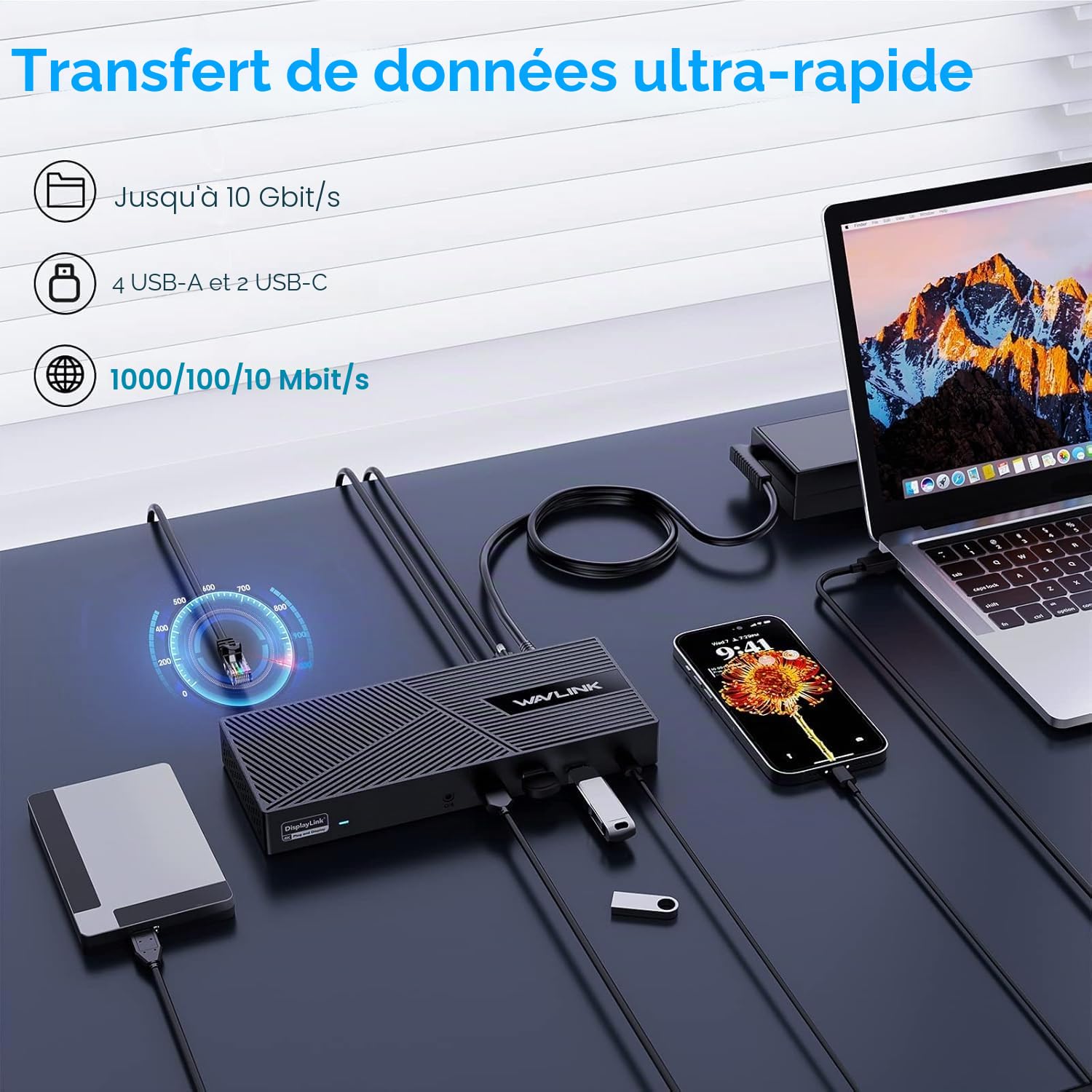 WAVLINK Station d'accueil triple Displaylink avec 100 W PD, station d'accueil 15 en 1 USB-C pour ordinateur portable, compatible avec MacBook Neo, Dell, Asus, 1 port HDMI 4K, 2 HDMI et DP, 2 USB-C, 4