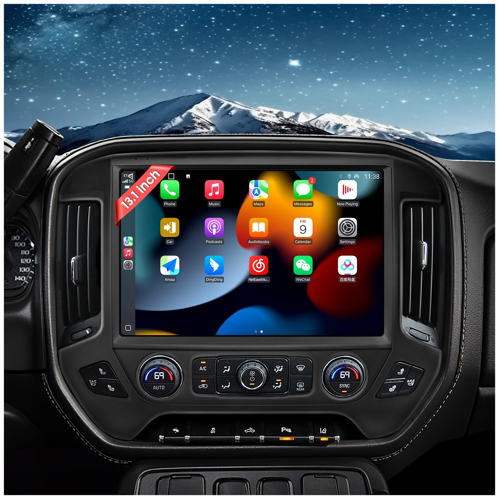 13.1" QLED Car Radio Stereo Upgrade for Chevy Silverado & GMC Sierra 2014-2018, Android 12 Head Unit 4GB+64GB with CarPlay/Android Auto,2K Touch Screen and 1080P Backup Camera