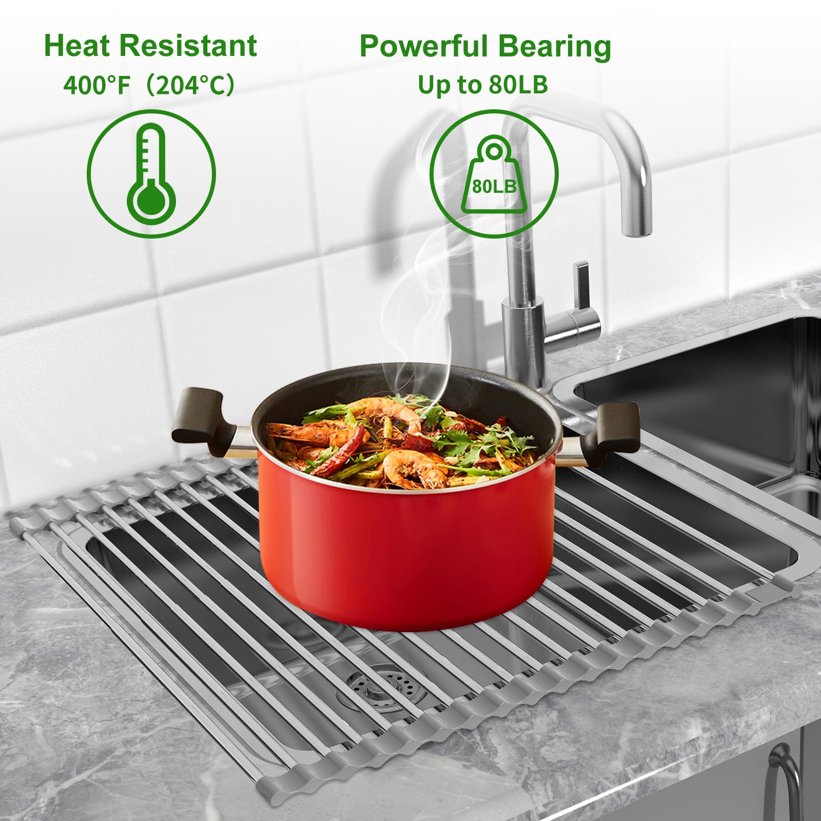 Scolapiatti estensibile arrotolabile, 60 cm di lunghezza x 40 cm di larghezza, in acciaio inox, con rivestimento in silicone, antiscivolo, pieghevole, multiuso, scolapiatti per lavello da