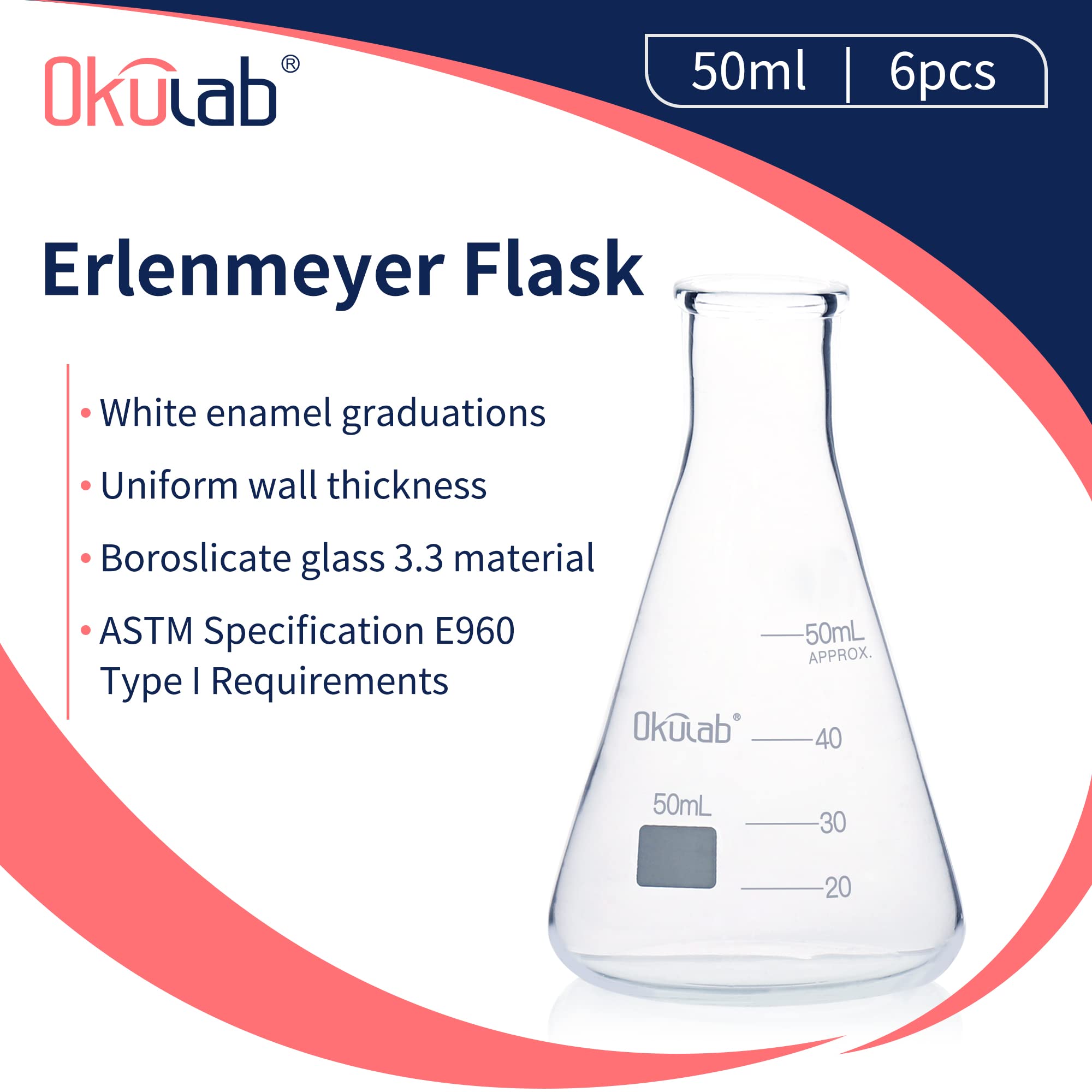 Glass Erlenmeyer Flasks - 6 Pack 50ml -2 Glass Erlenmeyer Flasks - 6 Pack 50ml -2